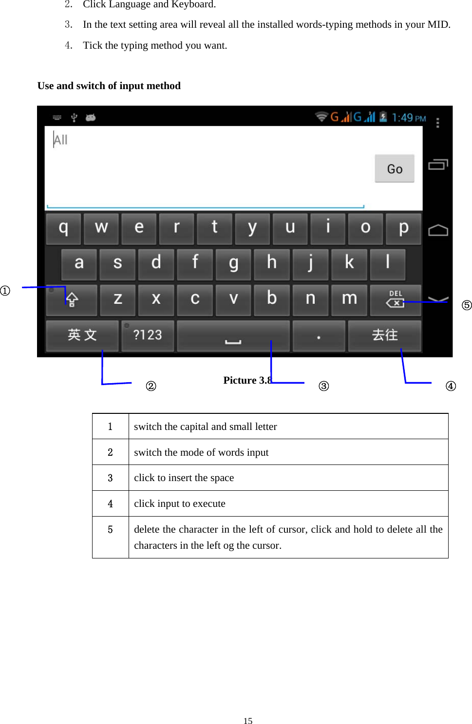     152. Click Language and Keyboard. 3. In the text setting area will reveal all the installed words-typing methods in your MID.   4. Tick the typing method you want.  Use and switch of input method  Picture 3.8  1  switch the capital and small letter   2  switch the mode of words input   3  click to insert the space 4  click input to execute 5  delete the character in the left of cursor, click and hold to delete all the characters in the left og the cursor.      ①② ③⑤④