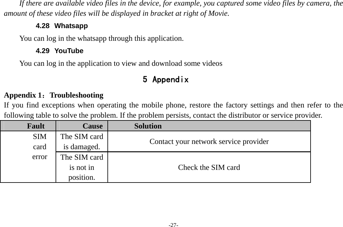 -27- If there are available video files in the device, for example, you captured some video files by camera, the amount of these video files will be displayed in bracket at right of Movie. 4.28 Whatsapp You can log in the whatsapp through this application. 4.29 YouTube You can log in the application to view and download some videos 5 Appendix Appendix 1：Troubleshooting If you find exceptions when operating the mobile phone, restore the factory settings and then refer to the following table to solve the problem. If the problem persists, contact the distributor or service provider. Fault  Cause  Solution The SIM card is damaged.  Contact your network service provider SIM card error  The SIM card is not in position. Check the SIM card 