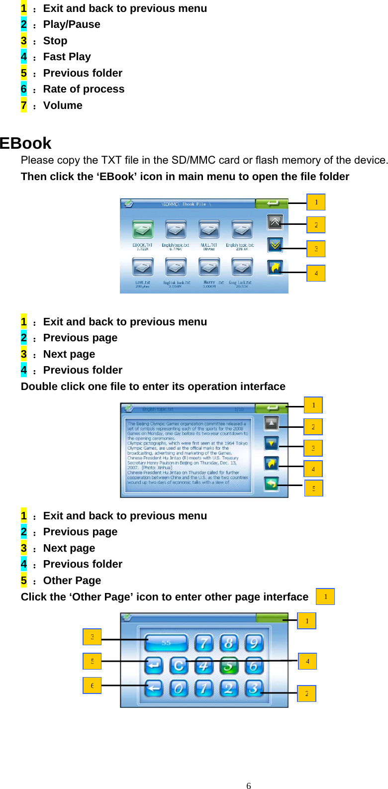 6 1  ：Exit and back to previous menu 2  ：Play/Pause 3  ：Stop 4  ：Fast Play 5  ：Previous folder 6  ：Rate of process 7  ：Volume  EBook Please copy the TXT file in the SD/MMC card or flash memory of the device.   Then click the ‘EBook’ icon in main menu to open the file folder         1  ：Exit and back to previous menu 2  ：Previous page 3  ：Next page 4  ：Previous folder Double click one file to enter its operation interface        1  ：Exit and back to previous menu 2  ：Previous page 3  ：Next page 4  ：Previous folder 5  ：Other Page Click the ‘Other Page’ icon to enter other page interface          1234112345342156