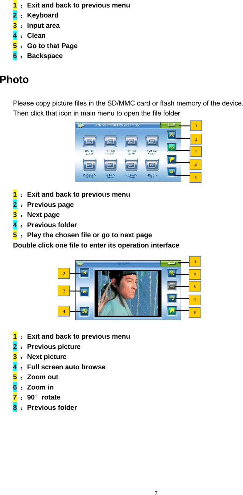 7 1  ：Exit and back to previous menu 2  ：Keyboard 3  ：Input area 4  ：Clean 5  ：Go to that Page 6  ：Backspace Photo Please copy picture files in the SD/MMC card or flash memory of the device.   Then click that icon in main menu to open the file folder        1  ：Exit and back to previous menu 2  ：Previous page 3  ：Next page 4  ：Previous folder 5  ：Play the chosen file or go to next page Double click one file to enter its operation interface         1  ：Exit and back to previous menu 2  ：Previous picture 3  ：Next picture 4  ：Full screen auto browse 5  ：Zoom out 6  ：Zoom in 7  ：90°rotate 8  ：Previous folder   1234515678234
