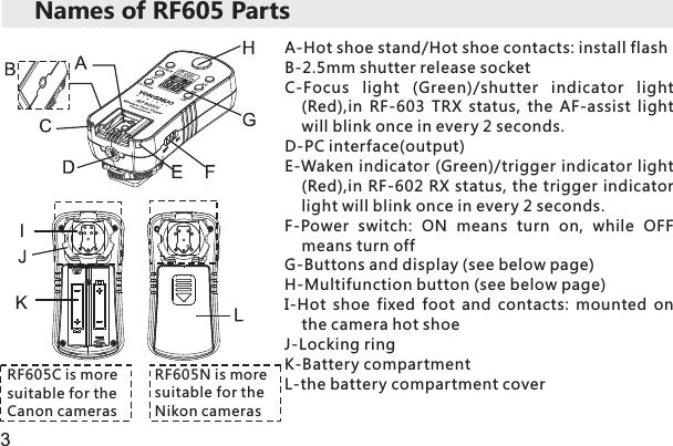 RF605C is more suitable for theCanon camerasNames of RF605 PartsRF605N is more suitable for theNikon camerasA-Hot shoe stand/Hot shoe contacts: install flash B-2.5mm shutter release socket  C-Focus  light  (Green)/shutter  indicator  light (Red),in  RF-603  TRX  status,  the  AF-assist  light will blink once in every 2 seconds. D-PC interface(output) E-Waken indicator (Green)/trigger indicator light (Red),in RF-602 RX  , the trigger indicator light will blink once in every 2 seconds. F-Power  switch:  ON  means  turn  on,  while  OFF means turn off G-Buttons and display (see below page)H-Multifunction button (see below page)I-Hot  shoe  fixed  foot  and  contacts:  mounted  on the camera hot shoe J-Locking ring K-Battery compartment L-the battery compartment cover status3