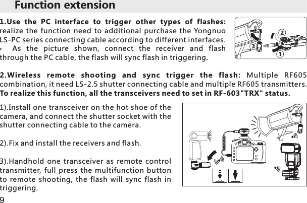 Function extension2.Wireless  remote  shooting  and  sync  trigger  the  flash:  Multiple  RF605 combination, it need LS-2.5 shutter connecting cable and multiple RF605 transmitters. To realize this function, all the transceivers need to set in RF-603&quot;TRX&quot; status. 1).Install one transceiver on the hot shoe of the camera, and connect the shutter socket with the shutter connecting cable to the camera.2).Fix and install the receivers and flash.3).Handhold  one  transceiver  as  remote  control transmitter,  full  press the  multifunction  button to  remote  shooting,  the  flash  will  sync  flash  in triggering.91.Use  the  PC  interface  to  trigger  other  types  of  flashes: realize the  function  need  to  additional  purchase  the  Yongnuo LS-PC series connecting cable according to different interfaces.As  the  picture  shown,  connect  the  receiver  and  flash through the PC cable, the flash will sync flash in triggering. 