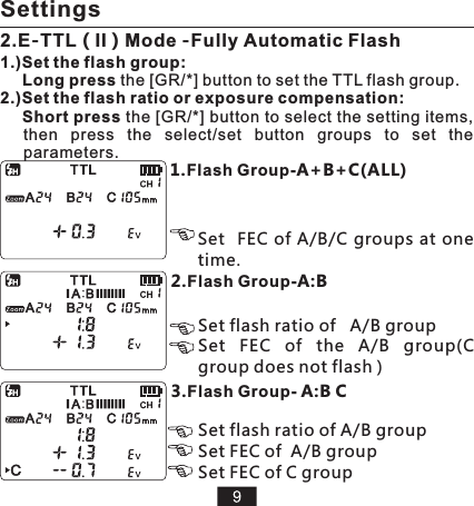 1. A+B+C(ALL)Flash Group-Set flash ratio of   A/B group3. A:B CFlash Group- 2. A:B Flash Group-1.)Set the flash group: Long press the [GR/*] button to set the TTL flash group. 2.)Set the flash ratio or exposure compensation: Short press the [GR/*] button to select the setting items, then  press  the  select/set  button  groups  to  set  the parameters.   Set   FEC of A/B/C  groups  at  one time. Set  FEC  group(C group does not flash )of  the  A/B Set flash ratio of A/B group Set FEC of  A/B group Set FEC of C groupSettings2.E-TTL（II）Mode -Fully Automatic Flash