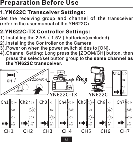 Preparation Before Use2.YN622C-TX Controller Settings:(excluded).2).Installing the Controller on the Camera .3).Power on when the power switch slides to [ON].1).Installing the 2 AA （1.5V）batteries4).Channel Setting: Long press the [ZOOM/CH] button, then press the select/set button group to the same channel as the YN622C transceiver.HCZ MOOCh7Ch6Ch5Ch4Ch3Ch2Ch1Ch11.YN622C Transceiver Settings:Set  the  receiving  group  transceiver(refer to the user manual of the YN622C).and channel  of  the   