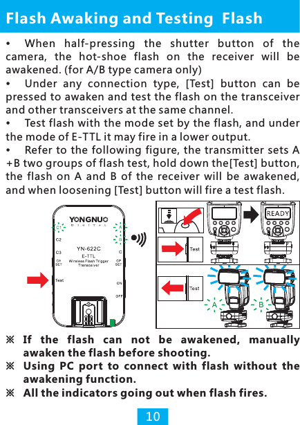 When  half-pressing  the  shutter  button  of  the camera,  the  hot-shoe  flash  on  the  receiver  will  be awakened. (for A/B type camera only)Under  any  connection  type,  [Test]  button  can  be pressed to awaken and test the flash on the transceiver and other transceivers at the same channel.Test flash with the mode set by the flash, and under the mode of E-TTL it may fire in a lower output.Refer to the  following figure, the transmitter sets A +B two groups of flash test, hold down the[Test] button, the  flash  on  A  and  B  of  the  receiver  will  be  awakened, and when loosening [Test] button will fire a test flash.Flash Awaking and Testing  Flash※   If  the  flash  can  not  be  awakened,  manually awaken the flash before shooting.※  Using  PC  port  to  connect  with  flash  without  the awakening function.※ All the indicators going out when flash fires.10