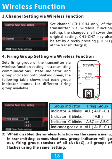 3.Channel Setting via Wireless Function ※When disabled the wireless function via the camera menu, in  transmitting  communications, group  indicator  will  go out, firing  group  consists  of  all  (A+B+C),  all  groups  of flashes using the same  setting.4. Firing Group Setting via Wireless FunctionSets  firing  group  of  the  transmitter  via wireless function setting, in transmitting communications,  state  indicator  and group indicator both blinking green, the following  table  shows  that  each  group indicator  stands  for  different  firing group available.Wireless FunctionSet  channel  (CH1-CH4  only)  of  the transmitter  via wireless  function setting, the changed  shall cover the original  setting.  CH1-CH7  may  also be  set  by  directly  pressing  [CH  SET] at the transmitter(p.8).18 Group Indicator Firing GroupIndicator  A blinks ALL（A+B+C）Indicator  B blinks （A:B）Indicator  C blinks A:BC or A:B:CIndicator goes out ALL（A+B+C）