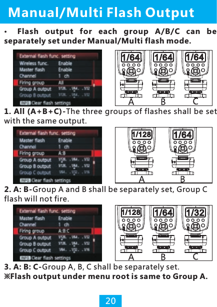  Manual/Multi Flash Output20Flash  output  for  each  group  A/B/C  can  be separately set under Manual/Multi flash mode.1. All (A+B+C)-The three groups of flashes shall be set with the same output.2. A: B-Group A and B shall be separately set Group C flash will not fire., 3. A: B: C-Group A, B, C shall be separately set.※Flash output under menu root is same to Group A. 
