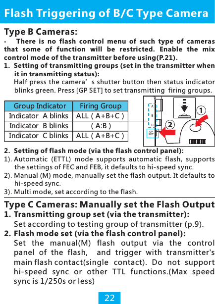 22Type B Cameras:There  is  no  flash  control  menu  of  such  type  of  cameras   that  some  of  function  will  be  restricted.  Enable  the  mix control mode of the transmitter before using(P.21).1.Setting of transmitting groups (set in the transmitter when it in transmitting status):Half  press the camera’s shutter button then status indicator blinks green. Press [GP SET] to set transmitting  firing groups.Flash Triggering of B/C Type CameraType C Cameras: Manually set the Flash Output1. Transmitting group set (via the transmitter):Set according to testing group of transmitter (p.9).2. Flash mode set (via the flash control panel):Set  the  manual(M)  flash  output  via  the  control panel  of  the  flash,    and  trigger  with  transmitter&apos;s main flash contact(single  contact).  Do  not  support hi-speed  sync  or  other  TTL  functions.(Max  speed sync is 1/250s or less)2.Setting of flash mode (via the flash control panel):1). Automatic  (ETTL)  mode  supports  automatic  flash,  supports the settings of FEC and FEB, it defaults to hi-speed sync.2). Manual (M) mode, manually set the flash output. It defaults to hi-speed sync.3). Multi mode, set according to the flash. Group Indicator Firing GroupIndicator  A blinks ALL（A+B+C）Indicator  B blinks （A:B）Indicator  C blinks ALL（A+B+C）