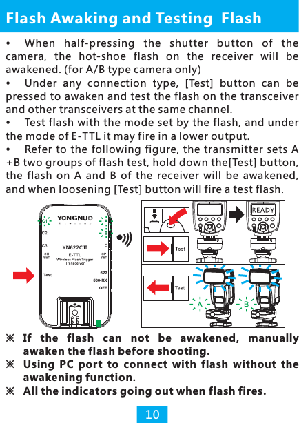 When  half-pressing  the  shutter  button  of  the camera,  the  hot-shoe  flash  on  the  receiver  will  be awakened. (for A/B type camera only)Under  any  connection  type,  [Test]  button  can  be pressed to awaken and test the flash on the transceiver and other transceivers at the same channel.Test flash with the mode set by the flash, and under the mode of E-TTL it may fire in a lower output.Refer to the  following figure, the transmitter sets A +B two groups of flash test, hold down the[Test] button, the  flash  on  A  and  B  of  the  receiver  will  be  awakened, and when loosening [Test] button will fire a test flash.Flash Awaking and Testing  Flash※   If  the  flash  can  not  be  awakened,  manually awaken the flash before shooting.※  Using  PC  port  to  connect  with  flash  without  the awakening function.※ All the indicators going out when flash fires.10YN622C II622560- RXOFF