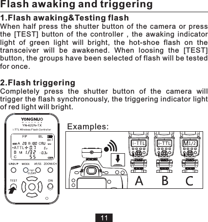 When  half  press  the  shutter  button  of  the  camera  or  press the  [TEST]  button  of  the  controller  ,  the  awaking  indicator light  of  green  light  will  bright,  the  hot-shoe  flash  on  the transceiver  will  be  awakened. Completely  press  the  shutter  button  of  the  camera  will trigger the flash synchronously, the triggering indicator light of red light will bright.When  loosing  the  [TEST] button, the groups have been selected of flash will be tested for once. 2.Flash triggeringFlash awaking and triggering1.Flash awaking&amp;Testing flashExamples: