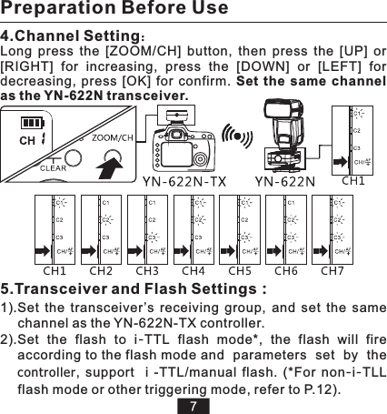 4.Channel Setting：Long  press  the  [ZOOM/CH]  button,  then  press  the  [UP]  or [RIGHT]  for  increasing,  press  the  [DOWN]  or  [LEFT]  for decreasing,  press  [OK]  for  confirm.  Set  the  same  channel as the YN-622N transceiver.5. ：1).2).*For non-i-TLL flash mode or other triggering mode, refer to P.12).Transceiver and Flash SettingsSet  the  transceiver’s  receiving  group,  and  set  the  same channel as the YN-622N-TX controller.Set the flash to i-TTL flash mode*,  the  flash  will  fire according to the flash mode and  parameters  set  by  the controller,  support    i  -TTL/manual  flash.  (Preparation Before Use