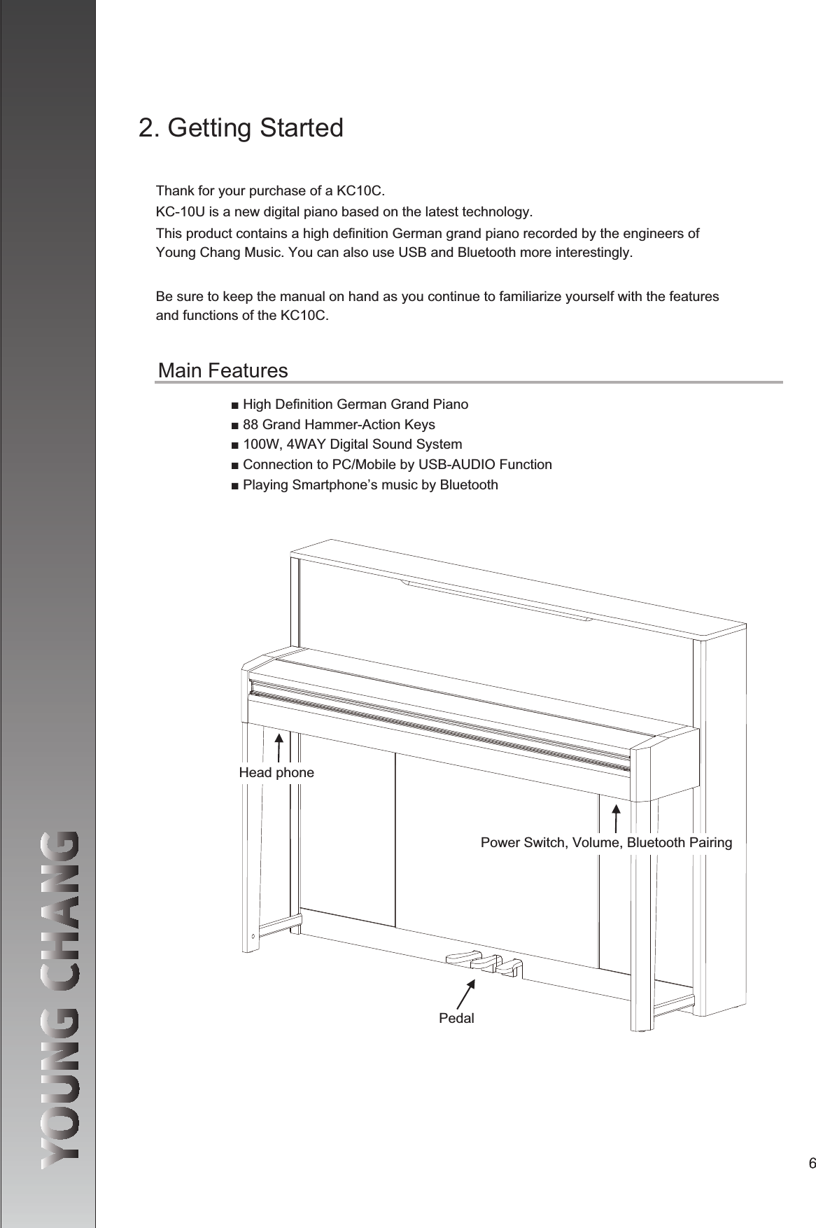 Power Switch, Volume, Bluetooth PairingHead phonePedalGGG GThank for your purchase of a KC10C.KC-10U is a new digital piano based on the latest technology.Be sure to keep the manual on hand as you continue to familiarize yourself with the features and functions of the KC10C. 
