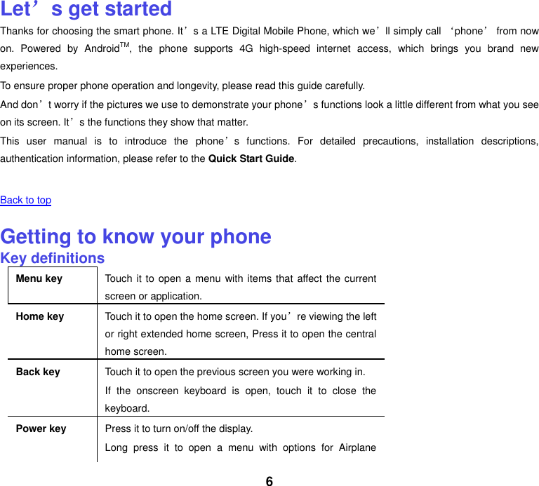 6 Let&rsquo;s get started Thanks for choosing the smart phone. It&rsquo;s a LTE Digital Mobile Phone, which we&rsquo;ll simply call &lsquo;phone&rsquo; from now on.  Powered  by  AndroidTM,  the  phone  supports  4G  high-speed  internet  access,  which  brings  you  brand  new experiences. To ensure proper phone operation and longevity, please read this guide carefully.   And don&rsquo;t worry if the pictures we use to demonstrate your phone&rsquo;s functions look a little different from what you see on its screen. It&rsquo;s the functions they show that matter. This  user  manual  is  to  introduce  the  phone&rsquo;s  functions.  For  detailed  precautions,  installation  descriptions, authentication information, please refer to the Quick Start Guide.    Back to top    Getting to know your phone Key definitions Menu key Touch it to open a menu with items that affect the current screen or application. Home key Touch it to open the home screen. If you&rsquo;re viewing the left or right extended home screen, Press it to open the central home screen. Back key Touch it to open the previous screen you were working in. If  the  onscreen  keyboard  is  open,  touch  it  to  close  the keyboard. Power key Press it to turn on/off the display. Long  press  it  to  open  a  menu  with  options  for  Airplane 