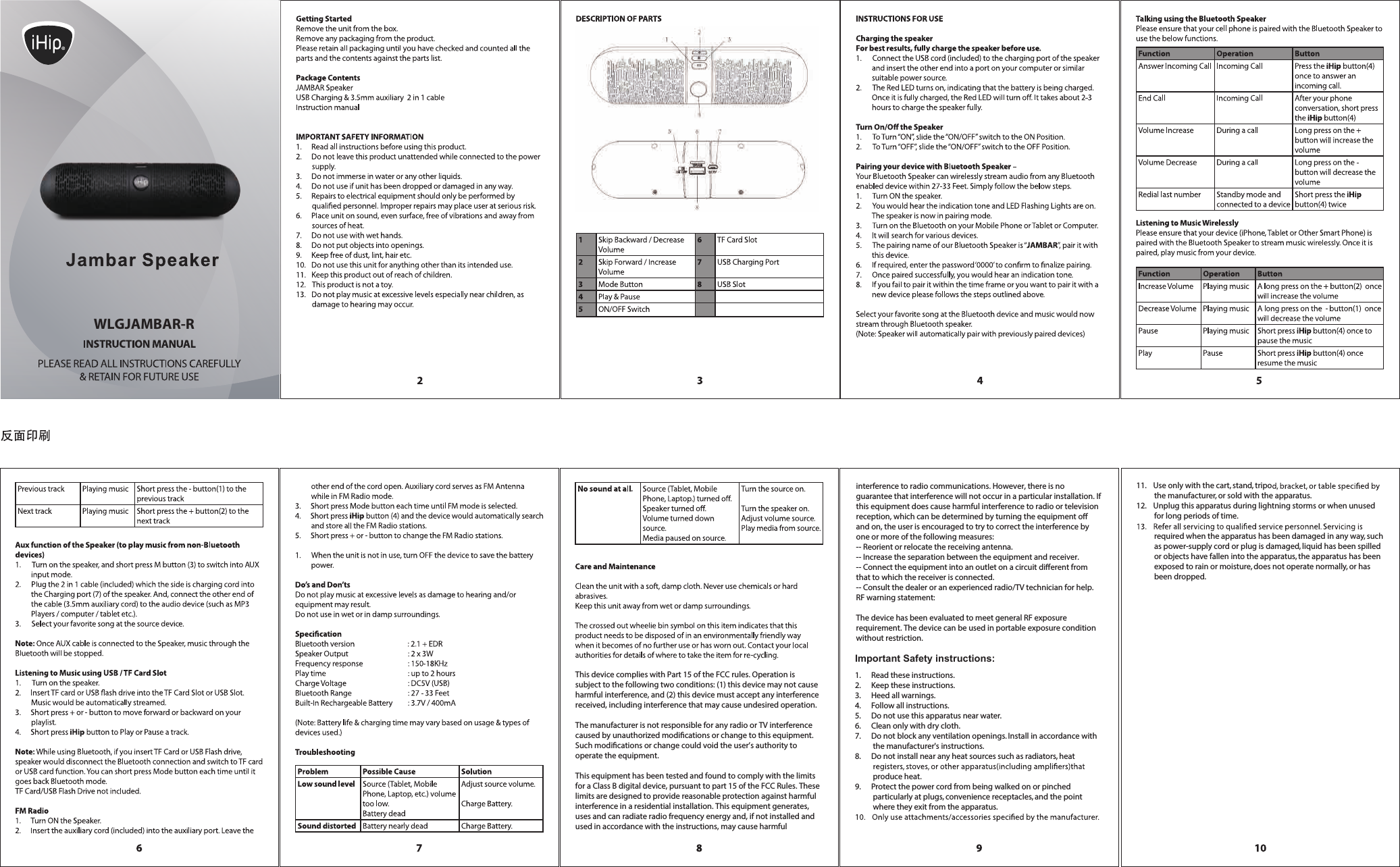 WLGJAMBAR-R11. Use only with the cart, stand, tripothe manufacturer, or sold with the apparatus.12. Unplug this apparatus during lightning storms or when unused for long periods of time.required when the apparatus has been damaged in any way, such as power-supply cord or plug is damaged, liquid has been spilled or objects have fallen into the apparatus, the apparatus has been exposed to rain or moisture, does not operate normally, or has been dropped.1. Read these instructions.2. Keep these instructions.3. Heed all warnings.4. Follow all instructions.5. Do not use this apparatus near water.6. Clean only with dry cloth.7. Do not block any ventilation openings. Install in accordance with the manufacturer's instructions.8. Do not install near any heat sources such as radiators, heat produce heat.9. Protect the power cord from being walked on or pinched particularly at plugs, convenience receptacles, and the point where they exit from the apparatus.Important Safety instructions:This device complies with Part 15 of the FCC rules. Operation is subject to the following two conditions: (1) this device may not cause harmful interference, and (2) this device must accept any interference received, including interference that may cause undesired operation.The manufacturer is not responsible for any radio or TV interference caused by unauthorized modications or change to this equipment. Such modications or change could void the user&rsquo;s authority to operate the equipment.This equipment has been tested and found to comply with the limits for a Class B digital device, pursuant to part 15 of the FCC Rules. These limits are designed to provide reasonable protection against harmful interference in a residential installation. This equipment generates, uses and can radiate radio frequency energy and, if not installed and used in accordance with the instructions, may cause harmful interference to radio communications. However, there is no guarantee that interference will not occur in a particular installation. If this equipment does cause harmful interference to radio or television reception, which can be determined by turning the equipment o and on, the user is encouraged to try to correct the interference by one or more of the following measures: -- Reorient or relocate the receiving antenna. -- Increase the separation between the equipment and receiver. -- Connect the equipment into an outlet on a circuit dierent from       that to which the receiver is connected. -- Consult the dealer or an experienced radio/TV technician for help.RF warning statement:The device has been evaluated to meet general RF exposure requirement. The device can be used in portable exposure condition without restriction.