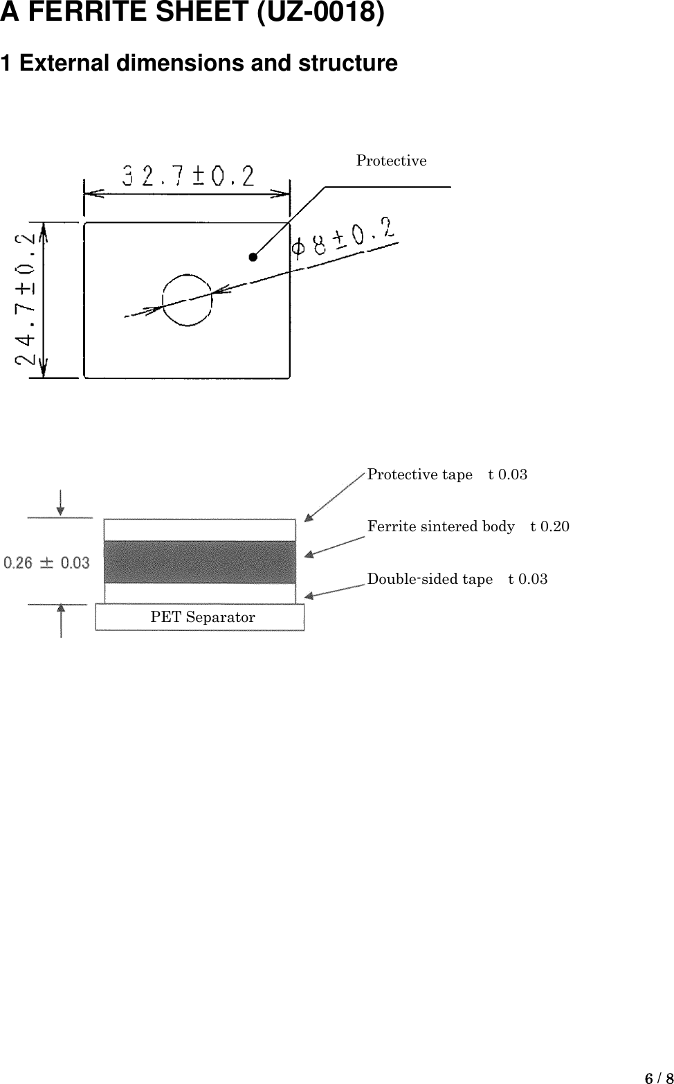  6 / 8  A FERRITE SHEET (UZ-0018) 1 External dimensions and structure           Protective Protective tape  t 0.03  Ferrite sintered body    t 0.20  Double-sided tape  t 0.03 PET Separator 