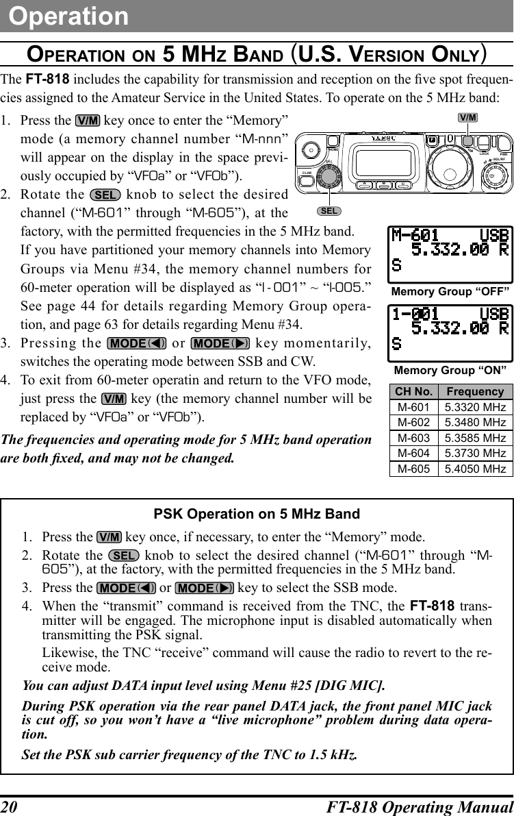 20 FT-818 Operating ManualOperationOperatiOn On 5 Mhz band (u.S. verSiOn OnlY)The FT-818 includes the capability for transmission and reception on the ve spot frequen-cies assigned to the Amateur Service in the United States. To operate on the 5 MHz band:1.  Press the   key once to enter the “Memory” mode (a memory channel number “M-nnn” will appear on the display in the space previ-ously occupied by “VFOa” or “VFOb”).2.  Rotate the   knob to select the desired channel (“M-601” through “M-605”), at the factory, with the permitted frequencies in the 5 MHz band.  If you have partitioned your memory channels into Memory Groups via Menu #34, the memory channel numbers for 60-meter operation will be displayed as “l - 001” ~ “l-005.” See page 44 for details regarding Memory Group opera-tion, and page 63 for details regarding Menu #34.3.  Pressing the   or   key momentarily, switches the operating mode between SSB and CW.4.  To exit from 60-meter operatin and return to the VFO mode, just press the   key (the memory channel number will be replaced by “VFOa” or “VFOb”).The frequencies and operating mode for 5 MHz band operation are both xed, and may not be changed.PSK Operation on 5 MHz Band1.  Press the   key once, if necessary, to enter the “Memory” mode.2.  Rotate the   knob to select the desired channel (“M-601” through “M-605”), at the factory, with the permitted frequencies in the 5 MHz band.3.  Press the   or   key to select the SSB mode.4.  When the “transmit” command is received from the TNC, the FT-818 trans-mitter will be engaged. The microphone input is disabled automatically when transmitting the PSK signal.  Likewise, the TNC “receive” command will cause the radio to revert to the re-ceive mode.You can adjust DATA input level using Menu #25 [DIG MIC].During PSK operation via the rear panel DATA jack, the front panel MIC jack is cut off, so you won’t have a “live microphone” problem during data opera-tion.Set the PSK sub carrier frequency of the TNC to 1.5 kHz.Memory Group “OFF”Memory Group “ON”CH No. FrequencyM-601 5.3320 MHzM-602 5.3480 MHzM-603 5.3585 MHzM-604 5.3730 MHzM-605 5.4050 MHzCLARELSA B CFVLOCK PWRSQL/RFAFHOMEMSELV/M