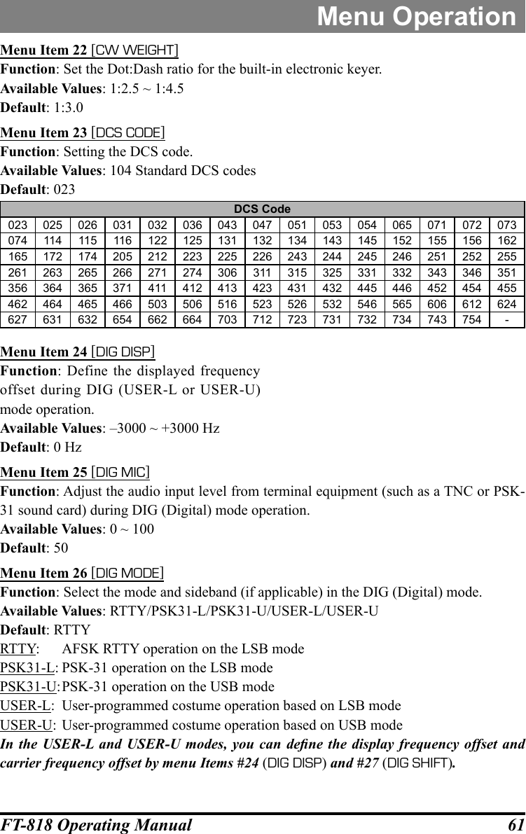 61FT-818 Operating ManualMenu OperationMenu Item 22 [CW WEIGHT]Function: Set the Dot:Dash ratio for the built-in electronic keyer.Available Values: 1:2.5 ~ 1:4.5Default: 1:3.0Menu Item 23 [DCS CODE]Function: Setting the DCS code.Available Values: 104 Standard DCS codesDefault: 023DCS Code023 025 026 031 032 036 043 047 051 053 054 065 071 072 073074 114 115 116 122 125 131 132 134 143 145 152 155 156 162165 172 174 205 212 223 225 226 243 244 245 246 251 252 255261 263 265 266 271 274 306 311 315 325 331 332 343 346 351356 364 365 371 411 412 413 423 431 432 445 446 452 454 455462 464 465 466 503 506 516 523 526 532 546 565 606 612 624627 631 632 654 662 664 703 712 723 731 732 734 743 754 -Menu Item 24 [DIG DISP]Function: Define the displayed frequency offset during DIG (USER-L or USER-U) mode operation.Available Values: –3000 ~ +3000 HzDefault: 0 HzMenu Item 25 [DIG MIC]Function: Adjust the audio input level from terminal equipment (such as a TNC or PSK-31 sound card) during DIG (Digital) mode operation.Available Values: 0 ~ 100Default: 50Menu Item 26 [DIG MODE]Function: Select the mode and sideband (if applicable) in the DIG (Digital) mode.Available Values: RTTY/PSK31-L/PSK31-U/USER-L/USER-UDefault: RTTYRTTY:   AFSK RTTY operation on the LSB modePSK31-L: PSK-31 operation on the LSB modePSK31-U: PSK-31 operation on the USB modeUSER-L:  User-programmed costume operation based on LSB modeUSER-U: User-programmed costume operation based on USB modeIn the USER-L and  USER-U modes, you  can  dene  the display frequency  offset and carrier frequency offset by menu Items #24 (DIG DISP) and #27 (DIG SHIFT).