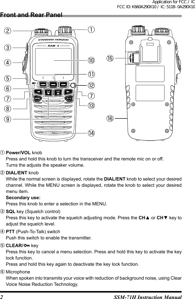 2SSM-71H Instruction ManualFront and Rear Panel②①③④⑤⑥⑦⑧⑨⑩⑪⑫⑦⑬⑭⑮⑯① Power/VOL knob  Press and hold this knob to turn the transceiver and the remote mic on or off.  Turns the adjusts the speaker volume.② DIAL/ENT knob  While the normal screen is displayed, rotate the DIAL/ENT knob to select your desired channel. While the MENU screen is displayed, rotate the knob to select your desired menu item. Secondary use:Press this knob to enter a selection in the MENU.③ SQL key (Squelch control)  Press this key to activate the squelch adjusting mode. Press the CH▲ or CH▼ key to adjust the squelch level.④ PTT (Push-To-Talk) switch  Push this switch to enable the transmitter. ⑤ CLEAR/  key  Press this key to cancel a menu selection. Press and hold this key to activate the key lock function.  Press and hold this key again to deactivate the key lock function.⑥ Microphone  When spoken into transmits your voice with reduction of background noise, using Clear Voice Noise Reduction Technology.Application for FCC / IC FCC ID: K660A290X10 / IC: 511B-0A290X10