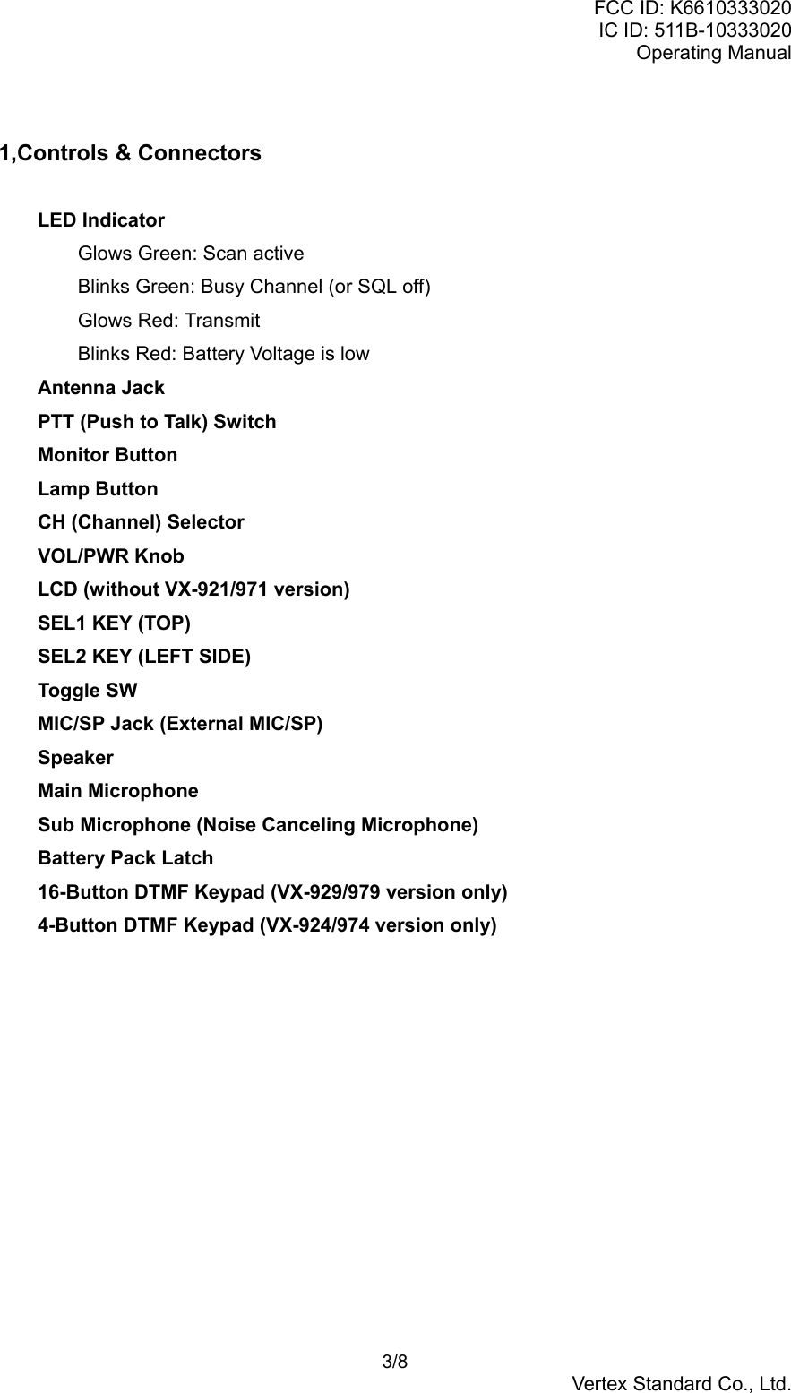FCC ID: K6610333020IC ID: 511B-10333020Operating Manual 3/8Vertex Standard Co., Ltd.1,Controls &amp; ConnectorsLED IndicatorGlows Green: Scan activeBlinks Green: Busy Channel (or SQL off)Glows Red: TransmitBlinks Red: Battery Voltage is lowAntenna JackPTT (Push to Talk) SwitchMonitor ButtonLamp ButtonCH (Channel) SelectorVOL/PWR KnobLCD (without VX-921/971 version)SEL1 KEY (TOP)SEL2 KEY (LEFT SIDE)Toggle SWMIC/SP Jack (External MIC/SP)SpeakerMain MicrophoneSub Microphone (Noise Canceling Microphone)Battery Pack Latch16-Button DTMF Keypad (VX-929/979 version only)4-Button DTMF Keypad (VX-924/974 version only)