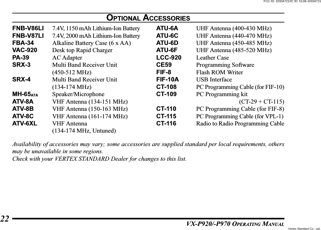 VX-P920/-P970 OPERATING MANUAL22OPTIONAL ACCESSORIESFNB-V86LI 7.4V, 1150 mAh Lithium-Ion BatteryFNB-V87LI 7.4V, 2000 mAh Lithium-Ion BatteryFBA-34 Alkaline Battery Case (6 x AA)VAC-920 Desk top Rapid ChargerPA-39 AC AdapterSRX-3 Multi Band Receiver Unit(450-512 MHz)SRX-4 Multi Band Receiver Unit(134-174 MHz)MH-65A7A Speaker/MicrophoneATV-8A VHF Antenna (134-151 MHz)ATV-8B VHF Antenna (150-163 MHz)ATV-8C VHF Antenna (161-174 MHz)ATV-6XL VHF Antenna(134-174 MHz, Untuned)ATU-6A UHF Antenna (400-430 MHz)ATU-6C UHF Antenna (440-470 MHz)ATU-6D UHF Antenna (450-485 MHz)ATU-6F UHF Antenna (485-520 MHz)LCC-920 Leather CaseCE59 Programming SoftwareFIF-8 Flash ROM WriterFIF-10A USB InterfaceCT-108 PC Programming Cable (for FIF-10)CT-109 PC Programming kit(CT-29 + CT-115)CT-110 PC Programming Cable (for FIF-8)CT-115 PC Programming Cable (for VPL-1)CT-116 Radio to Radio Programming CableAvailability of accessories may vary; some accessories are supplied standard per local requirements, othersmay be unavailable in some regions.Check with your VERTEX STANDARD Dealer for changes to this list.FCC ID: 10334721/IC ID: 511B-10334721Vertex Standard Co., Ltd.