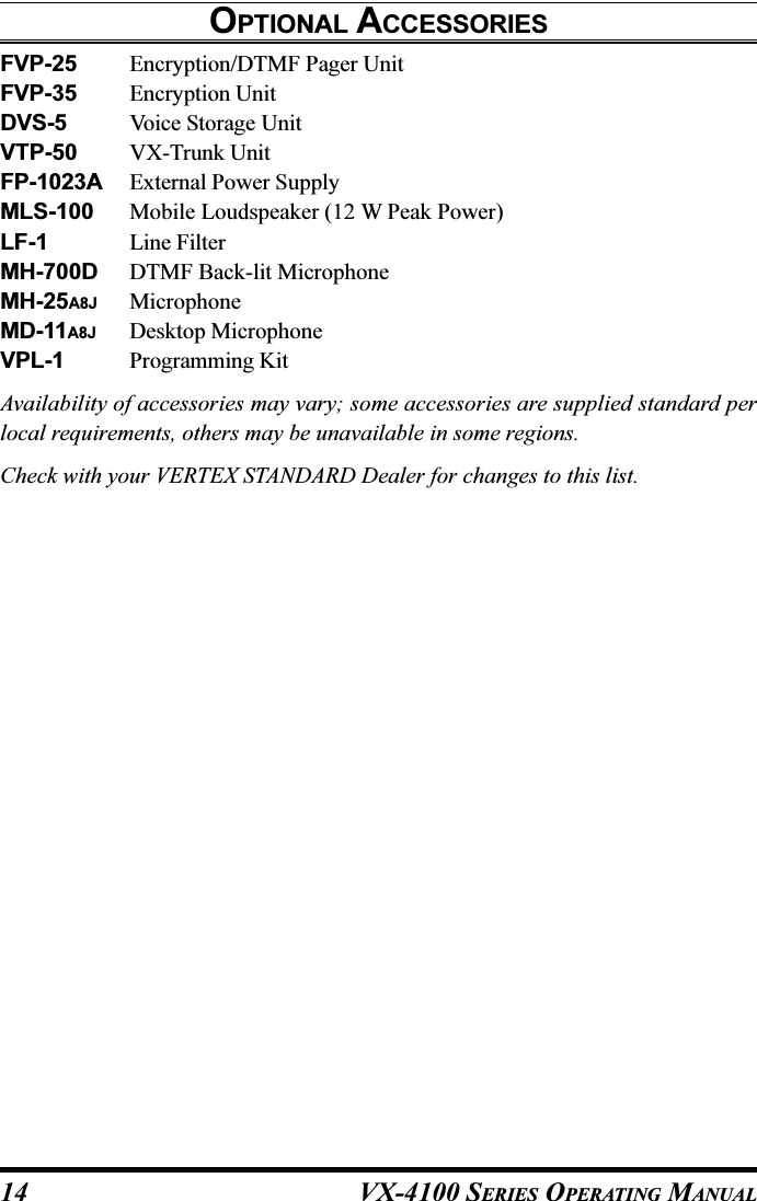 VX-4100 SERIES OPERATING MANUAL14OPTIONAL ACCESSORIESFVP-25 Encryption/DTMF Pager UnitFVP-35 Encryption UnitDVS-5 Voice Storage UnitVTP-50 VX-Trunk UnitFP-1023A External Power SupplyMLS-100 Mobile Loudspeaker (12 W Peak Power)LF-1 Line FilterMH-700D DTMF Back-lit MicrophoneMH-25A8J MicrophoneMD-11A8J Desktop MicrophoneVPL-1 Programming KitAvailability of accessories may vary; some accessories are supplied standard perlocal requirements, others may be unavailable in some regions.Check with your VERTEX STANDARD Dealer for changes to this list.