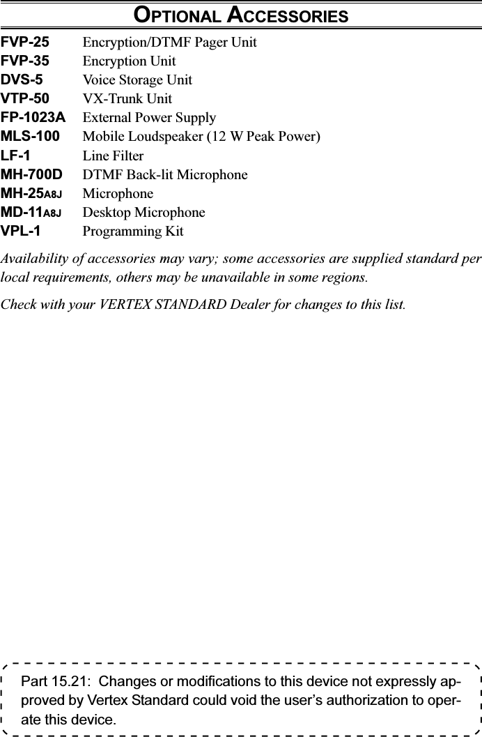 OPTIONAL ACCESSORIESFVP-25 Encryption/DTMF Pager UnitFVP-35 Encryption UnitDVS-5 Voice Storage UnitVTP-50 VX-Trunk UnitFP-1023A External Power SupplyMLS-100 Mobile Loudspeaker (12 W Peak Power)LF-1 Line FilterMH-700D DTMF Back-lit MicrophoneMH-25A8J MicrophoneMD-11A8J Desktop MicrophoneVPL-1 Programming KitAvailability of accessories may vary; some accessories are supplied standard perlocal requirements, others may be unavailable in some regions.Check with your VERTEX STANDARD Dealer for changes to this list.Part 15.21:  Changes or modifications to this device not expressly ap-proved by Vertex Standard could void the user’s authorization to oper-ate this device.
