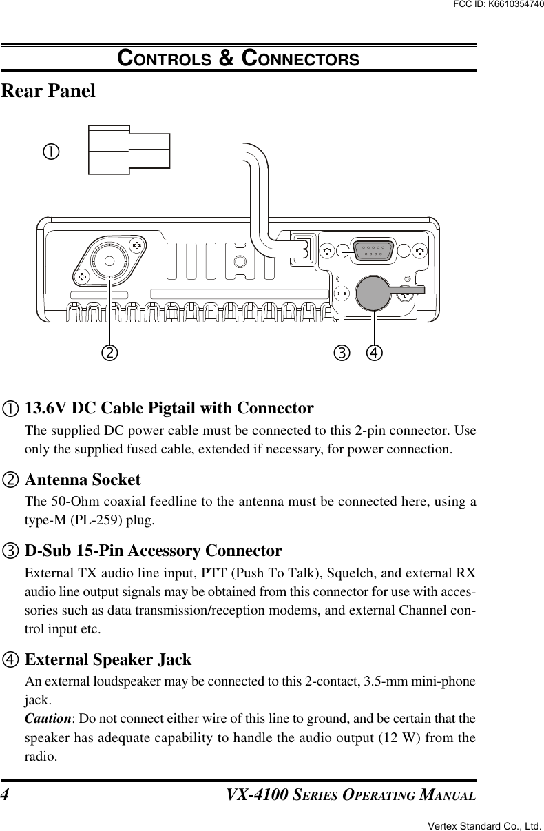 VX-4100 SERIES OPERATING MANUAL4Rear PanelCONTROLS &amp; CONNECTORS•13.6V DC Cable Pigtail with ConnectorThe supplied DC power cable must be connected to this 2-pin connector. Useonly the supplied fused cable, extended if necessary, for power connection.‚Antenna SocketThe 50-Ohm coaxial feedline to the antenna must be connected here, using atype-M (PL-259) plug.ƒD-Sub 15-Pin Accessory ConnectorExternal TX audio line input, PTT (Push To Talk), Squelch, and external RXaudio line output signals may be obtained from this connector for use with acces-sories such as data transmission/reception modems, and external Channel con-trol input etc.„External Speaker JackAn external loudspeaker may be connected to this 2-contact, 3.5-mm mini-phonejack.Caution: Do not connect either wire of this line to ground, and be certain that thespeaker has adequate capability to handle the audio output (12 W) from theradio.•‚ ƒ „Vertex Standard Co., Ltd.FCC ID: K6610354740