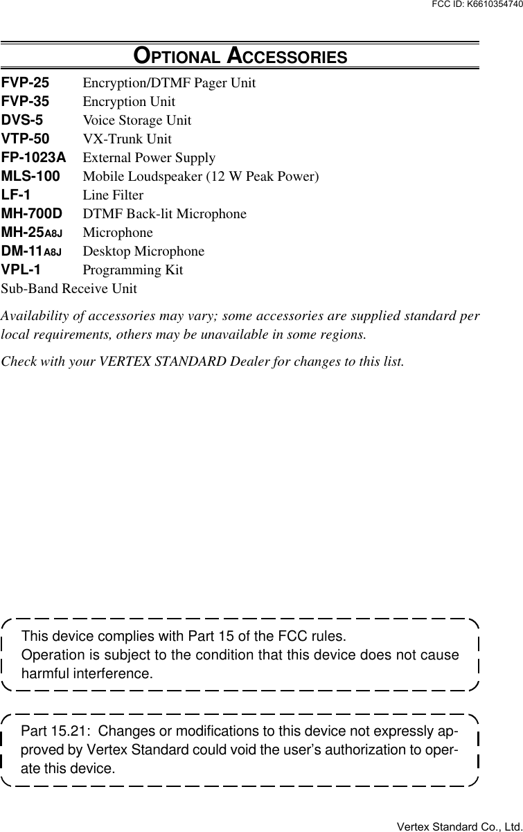 This device complies with Part 15 of the FCC rules.Operation is subject to the condition that this device does not causeharmful interference.OPTIONAL ACCESSORIESFVP-25 Encryption/DTMF Pager UnitFVP-35 Encryption UnitDVS-5 Voice Storage UnitVTP-50 VX-Trunk UnitFP-1023A External Power SupplyMLS-100 Mobile Loudspeaker (12 W Peak Power)LF-1 Line FilterMH-700D DTMF Back-lit MicrophoneMH-25A8J MicrophoneDM-11A8J Desktop MicrophoneVPL-1 Programming KitSub-Band Receive UnitAvailability of accessories may vary; some accessories are supplied standard perlocal requirements, others may be unavailable in some regions.Check with your VERTEX STANDARD Dealer for changes to this list.Part 15.21:  Changes or modifications to this device not expressly ap-proved by Vertex Standard could void the user’s authorization to oper-ate this device.Vertex Standard Co., Ltd.FCC ID: K6610354740