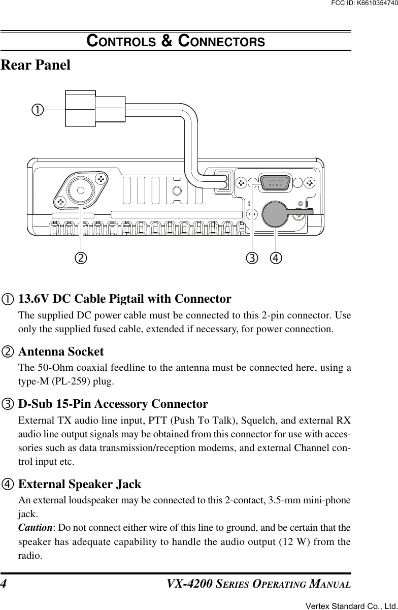 VX-4200 SERIES OPERATING MANUAL4Rear PanelCONTROLS &amp; CONNECTORS•13.6V DC Cable Pigtail with ConnectorThe supplied DC power cable must be connected to this 2-pin connector. Useonly the supplied fused cable, extended if necessary, for power connection.‚Antenna SocketThe 50-Ohm coaxial feedline to the antenna must be connected here, using atype-M (PL-259) plug.ƒD-Sub 15-Pin Accessory ConnectorExternal TX audio line input, PTT (Push To Talk), Squelch, and external RXaudio line output signals may be obtained from this connector for use with acces-sories such as data transmission/reception modems, and external Channel con-trol input etc.„External Speaker JackAn external loudspeaker may be connected to this 2-contact, 3.5-mm mini-phonejack.Caution: Do not connect either wire of this line to ground, and be certain that thespeaker has adequate capability to handle the audio output (12 W) from theradio.•‚ ƒ „Vertex Standard Co., Ltd.FCC ID: K6610354740