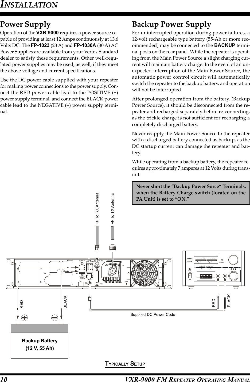 VXR-9000 FM REPEATER OPERATING MANUALRXMAINBACKUPBACKUPTXGNDACCEXTINPUTDC 13.6VPower SupplyOperation of the VXR-9000 requires a power source ca-pable of providing at least 12 Amps continuously at 13.6Volts DC. The FP-1023 (23 A) and FP-1030A (30 A) ACPower Supplies are available from your Vertex Standarddealer to satisfy these requirements. Other well-regu-lated power supplies may be used, as well, if they meetthe above voltage and current specifications.Use the DC power cable supplied with your repeaterfor making power connections to the power supply. Con-nect the RED power cable lead to the POSITIVE (+)power supply terminal, and connect the BLACK powercable lead to the NEGATIVE (–) power supply termi-nal.INSTALLATION10Backup Power SupplyFor uninterrupted operation during power failures, a12-volt rechargeable type battery (55-Ah or more rec-ommended) may be connected to the BACKUP termi-nal posts on the rear panel. While the repeater is operat-ing from the Main Power Source a slight charging cur-rent will maintain battery charge. In the event of an un-expected interruption of the Main Power Source, theautomatic power control circuit will automaticallyswitch the repeater to the backup battery, and operationwill not be interrupted.After prolonged operation from the battery, (BackupPower Source), it should be disconnected from the re-peater and recharged separately before re-connecting,as the trickle charge is not sufficient for recharging acompletely discharged battery.Never reapply the Main Power Source to the repeaterwith a discharged battery connected as backup, as theDC startup current can damage the repeater and bat-tery.While operating from a backup battery, the repeater re-quires approximately 7 amperes at 12 Volts during trans-mit.Never short the “Backup Power Sorce” Terminals,when the Battery Charge switch (located on thePA Unit) is set to “ON.” To TX Antenna To RX AntennaSupplied DC Power CodeREDBLACKREDBLACKBackup Battery(12 V, 55 Ah)TYPICALLY SETUP