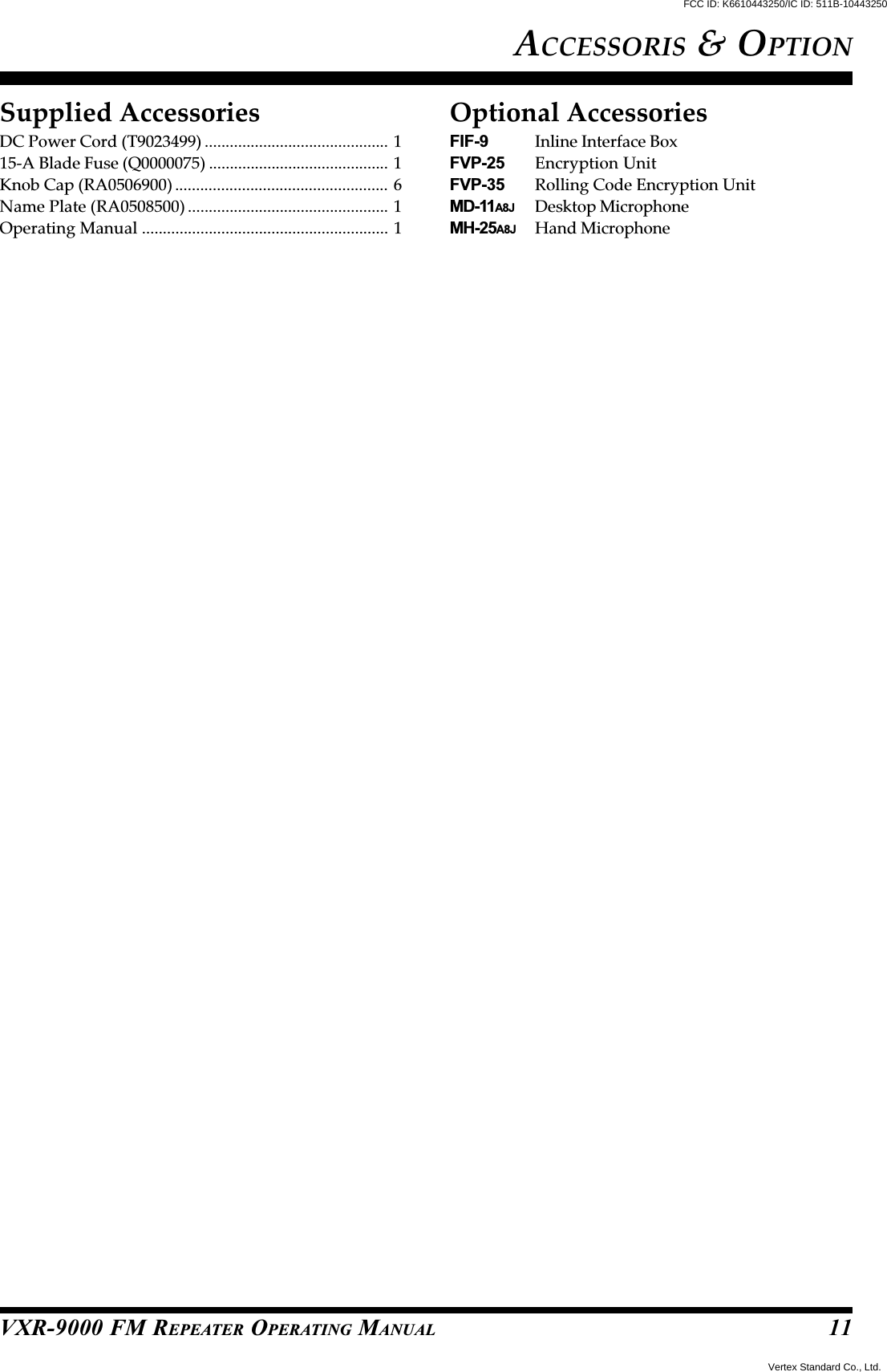VXR-9000 FM REPEATER OPERATING MANUALACCESSORIS &amp; OPTION11Supplied AccessoriesDC Power Cord (T9023499) ............................................ 115-A Blade Fuse (Q0000075) ........................................... 1Knob Cap (RA0506900) ................................................... 6Name Plate (RA0508500) ................................................ 1Operating Manual ........................................................... 1Optional AccessoriesFIF-9 Inline Interface BoxFVP-25 Encryption UnitFVP-35 Rolling Code Encryption UnitMD-11A8J Desktop MicrophoneMH-25A8J Hand MicrophoneFCC ID: K6610443250/IC ID: 511B-10443250Vertex Standard Co., Ltd.