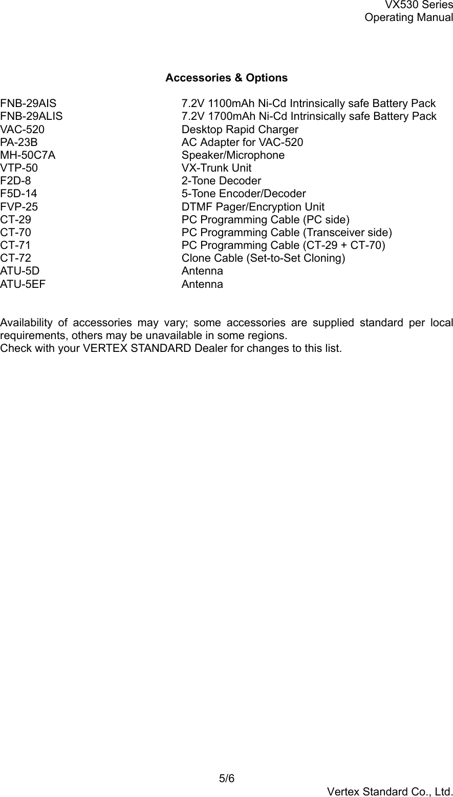 VX530 SeriesOperating Manual5/6Vertex Standard Co., Ltd.Accessories &amp; OptionsFNB-29AIS             7.2V 1100mAh Ni-Cd Intrinsically safe Battery PackFNB-29ALIS             7.2V 1700mAh Ni-Cd Intrinsically safe Battery PackVAC-520               Desktop Rapid ChargerPA-23B AC Adapter for VAC-520MH-50C7A              Speaker/MicrophoneVTP-50               VX-Trunk UnitF2D-8 2-Tone DecoderF5D-14 5-Tone Encoder/DecoderFVP-25 DTMF Pager/Encryption UnitCT-29 PC Programming Cable (PC side)CT-70 PC Programming Cable (Transceiver side)CT-71 PC Programming Cable (CT-29 + CT-70)CT-72                       Clone Cable (Set-to-Set Cloning)ATU-5D AntennaATU-5EF AntennaAvailability of accessories may vary; some accessories are supplied standard per localrequirements, others may be unavailable in some regions.Check with your VERTEX STANDARD Dealer for changes to this list.