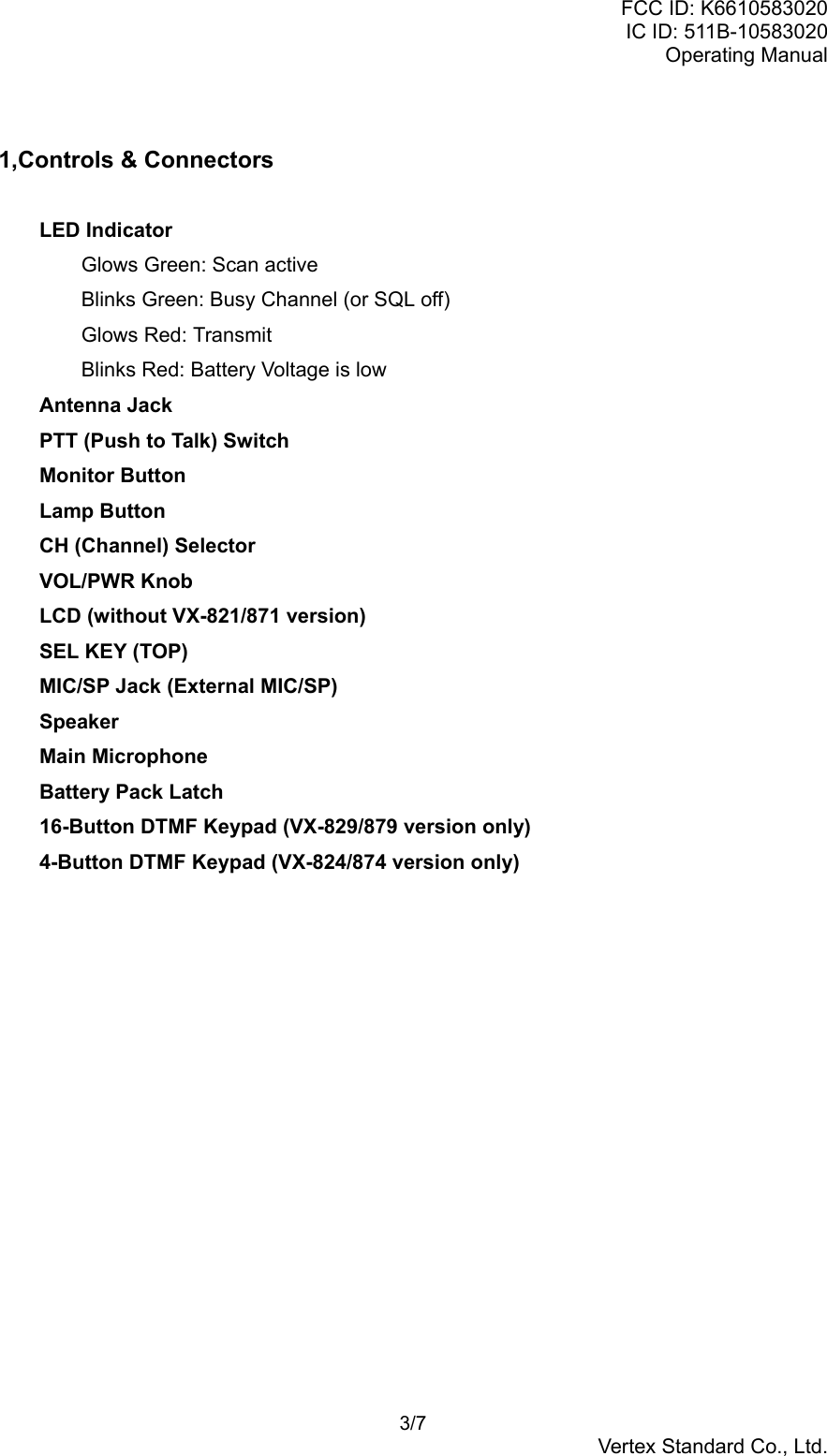 FCC ID: K6610583020IC ID: 511B-10583020Operating Manual 3/7Vertex Standard Co., Ltd.1,Controls &amp; ConnectorsLED IndicatorGlows Green: Scan activeBlinks Green: Busy Channel (or SQL off)Glows Red: TransmitBlinks Red: Battery Voltage is lowAntenna JackPTT (Push to Talk) SwitchMonitor ButtonLamp ButtonCH (Channel) SelectorVOL/PWR KnobLCD (without VX-821/871 version)SEL KEY (TOP)MIC/SP Jack (External MIC/SP)SpeakerMain MicrophoneBattery Pack Latch16-Button DTMF Keypad (VX-829/879 version only)4-Button DTMF Keypad (VX-824/874 version only)