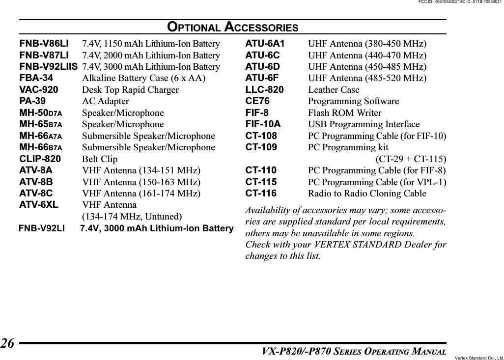 VX-P820/-P870 SERIES OPERATING MANUAL26OPTIONAL ACCESSORIESFNB-V86LI 7.4V, 1150 mAh Lithium-Ion BatteryFNB-V87LI 7.4V, 2000 mAh Lithium-Ion BatteryFNB-V92LIIS 7.4V, 3000 mAh Lithium-Ion BatteryFBA-34 Alkaline Battery Case (6 x AA)VAC-920 Desk Top Rapid ChargerPA-39 AC AdapterMH-50D7A Speaker/MicrophoneMH-65B7A Speaker/MicrophoneMH-66A7A Submersible Speaker/MicrophoneMH-66B7A Submersible Speaker/MicrophoneCLIP-820 Belt ClipATV-8A VHF Antenna (134-151 MHz)ATV-8B VHF Antenna (150-163 MHz)ATV-8C VHF Antenna (161-174 MHz)ATV-6XL VHF Antenna(134-174 MHz, Untuned)ATU-6A1 UHF Antenna (380-450 MHz)ATU-6C UHF Antenna (440-470 MHz)ATU-6D UHF Antenna (450-485 MHz)ATU-6F UHF Antenna (485-520 MHz)LLC-820 Leather CaseCE76 Programming SoftwareFIF-8 Flash ROM WriterFIF-10A USB Programming InterfaceCT-108 PC Programming Cable (for FIF-10)CT-109 PC Programming kit(CT-29 + CT-115)CT-110 PC Programming Cable (for FIF-8)CT-115 PC Programming Cable (for VPL-1)CT-116 Radio to Radio Cloning CableAvailability of accessories may vary; some accesso-ries are supplied standard per local requirements,others may be unavailable in some regions.Check with your VERTEX STANDARD Dealer forchanges to this list.FNB-V92LI      7.4V, 3000 mAh Lithium-Ion BatteryFCC ID: K6610583021/IC ID: 511B-10583021Vertex Standard Co., Ltd.