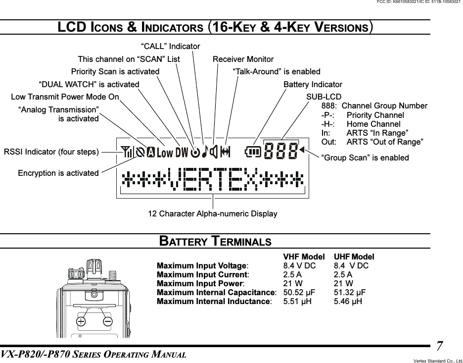 VX-P820/-P870 SERIES OPERATING MANUAL7LCD ICONS &amp; INDICATORS (16-KEY &amp; 4-KEY VERSIONS)12 Character Alpha-numeric DisplaySUB-LCD888: Channel Group Number-P-: Priority Channel-H-: Home ChannelIn: ARTS “In Range”Out: ARTS “Out of Range”RSSI Indicator (four steps)Encryption is activated“Analog Transmission”is activatedLow Transmit Power Mode On“DUAL WATCH” is activatedThis channel on “SCAN” ListPriority Scan is activated“CALL” IndicatorReceiver Monitor“Talk-Around” is enabledBattery Indicator“Group Scan” is enabledBATTERY TERMINALSVHF Model UHF ModelMaximum Input Voltage: 8.4 V DC 8.4  V DCMaximum Input Current: 2.5 A 2.5 AMaximum Input Power: 21 W 21 WMaximum Internal Capacitance: 50.52 µF 51.32 µFMaximum Internal Inductance: 5.51 µH 5.46 µHFCC ID: K6610583021/IC ID: 511B-10583021Vertex Standard Co., Ltd.