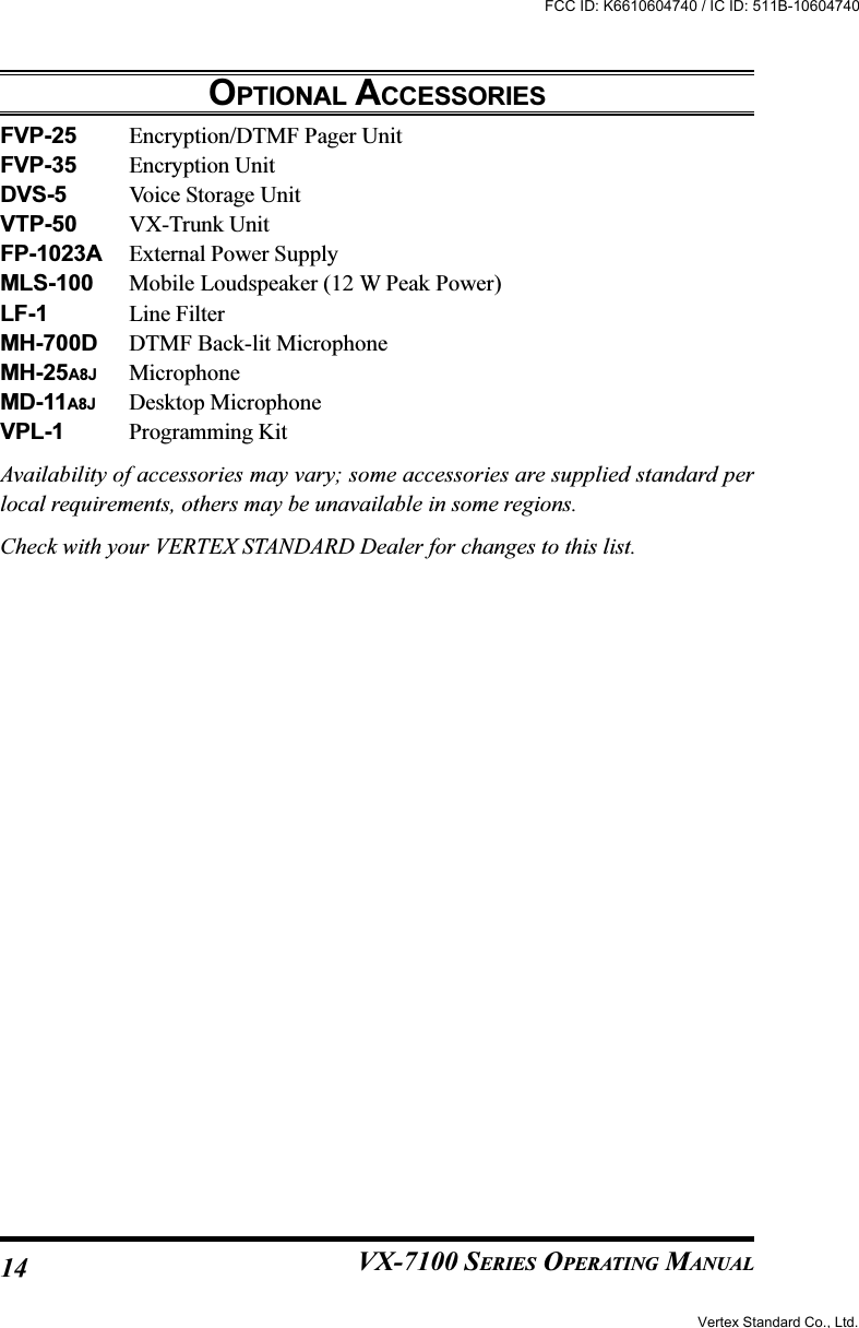 VX-7100 SERIES OPERATING MANUALOPTIONAL ACCESSORIESFVP-25 Encryption/DTMF Pager UnitFVP-35 Encryption UnitDVS-5 Voice Storage UnitVTP-50 VX-Trunk UnitFP-1023A External Power SupplyMLS-100 Mobile Loudspeaker (12 W Peak Power)LF-1 Line FilterMH-700D DTMF Back-lit MicrophoneMH-25A8J MicrophoneMD-11A8J Desktop MicrophoneVPL-1 Programming KitAvailability of accessories may vary; some accessories are supplied standard perlocal requirements, others may be unavailable in some regions.Check with your VERTEX STANDARD Dealer for changes to this list.14Vertex Standard Co., Ltd.FCC ID: K6610604740 / IC ID: 511B-10604740