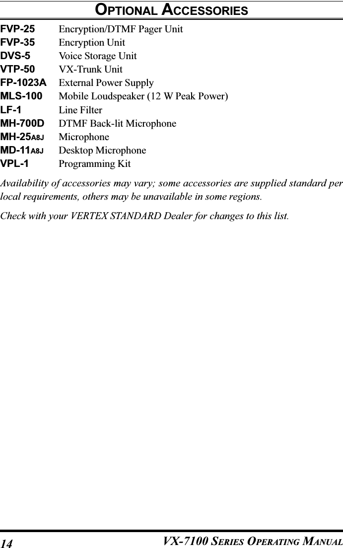 VX-7100 SERIES OPERATING MANUALOPTIONAL ACCESSORIESFVP-25 Encryption/DTMF Pager UnitFVP-35 Encryption UnitDVS-5 Voice Storage UnitVTP-50 VX-Trunk UnitFP-1023A External Power SupplyMLS-100 Mobile Loudspeaker (12 W Peak Power)LF-1 Line FilterMH-700D DTMF Back-lit MicrophoneMH-25A8J MicrophoneMD-11A8J Desktop MicrophoneVPL-1 Programming KitAvailability of accessories may vary; some accessories are supplied standard perlocal requirements, others may be unavailable in some regions.Check with your VERTEX STANDARD Dealer for changes to this list.14