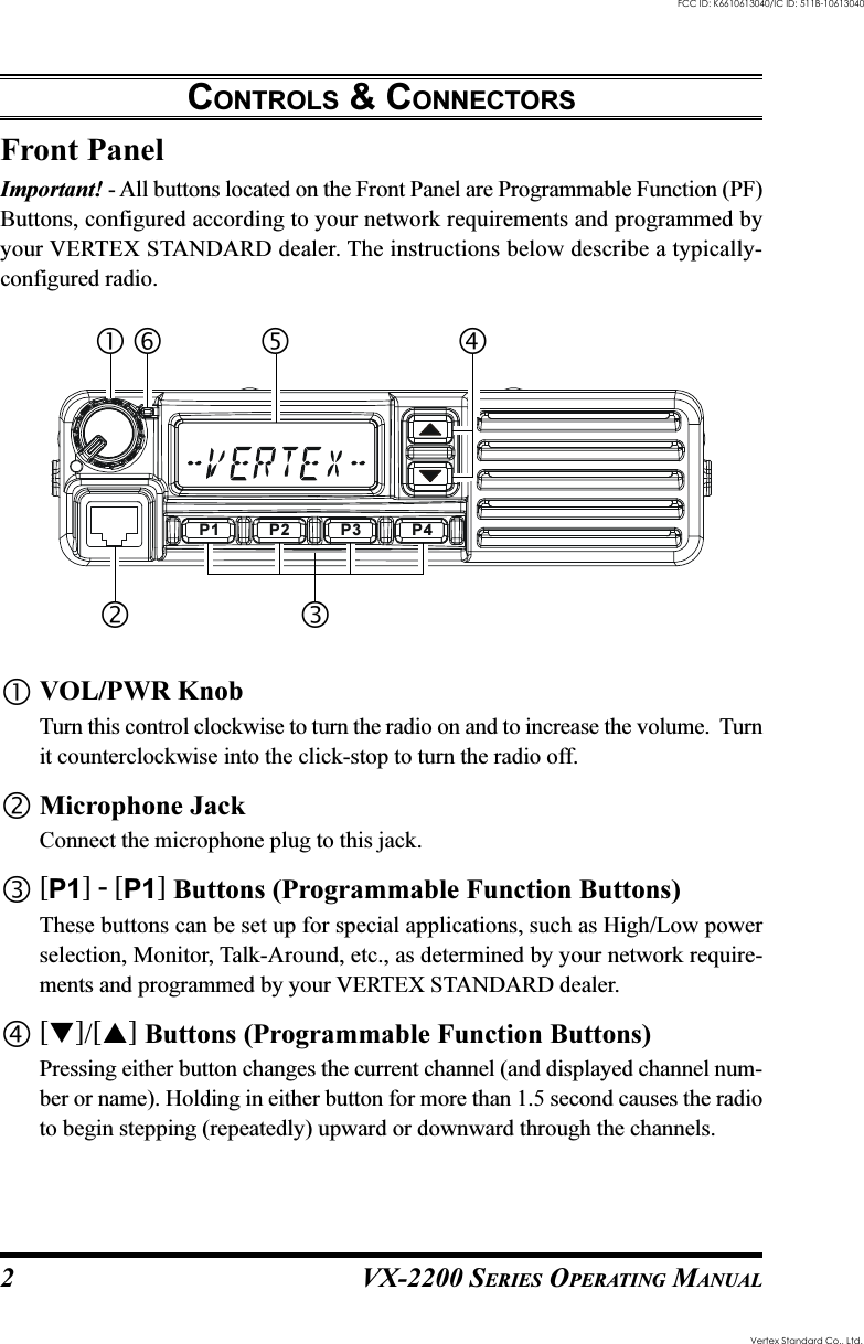 VX-2200 SERIES OPERATING MANUAL2CONTROLS &amp; CONNECTORSFront PanelImportant! - All buttons located on the Front Panel are Programmable Function (PF)Buttons, configured according to your network requirements and programmed byyour VERTEX STANDARD dealer. The instructions below describe a typically-configured radio.VOL/PWR KnobTurn this control clockwise to turn the radio on and to increase the volume.  Turnit counterclockwise into the click-stop to turn the radio off.Microphone JackConnect the microphone plug to this jack.[P1] - [P1] Buttons (Programmable Function Buttons)These buttons can be set up for special applications, such as High/Low powerselection, Monitor, Talk-Around, etc., as determined by your network require-ments and programmed by your VERTEX STANDARD dealer.[]/[] Buttons (Programmable Function Buttons)Pressing either button changes the current channel (and displayed channel num-ber or name). Holding in either button for more than 1.5 second causes the radioto begin stepping (repeatedly) upward or downward through the channels.P2P1 P3 P4Vertex Standard Co., Ltd.FCC ID: K6610613040/IC ID: 511B-10613040