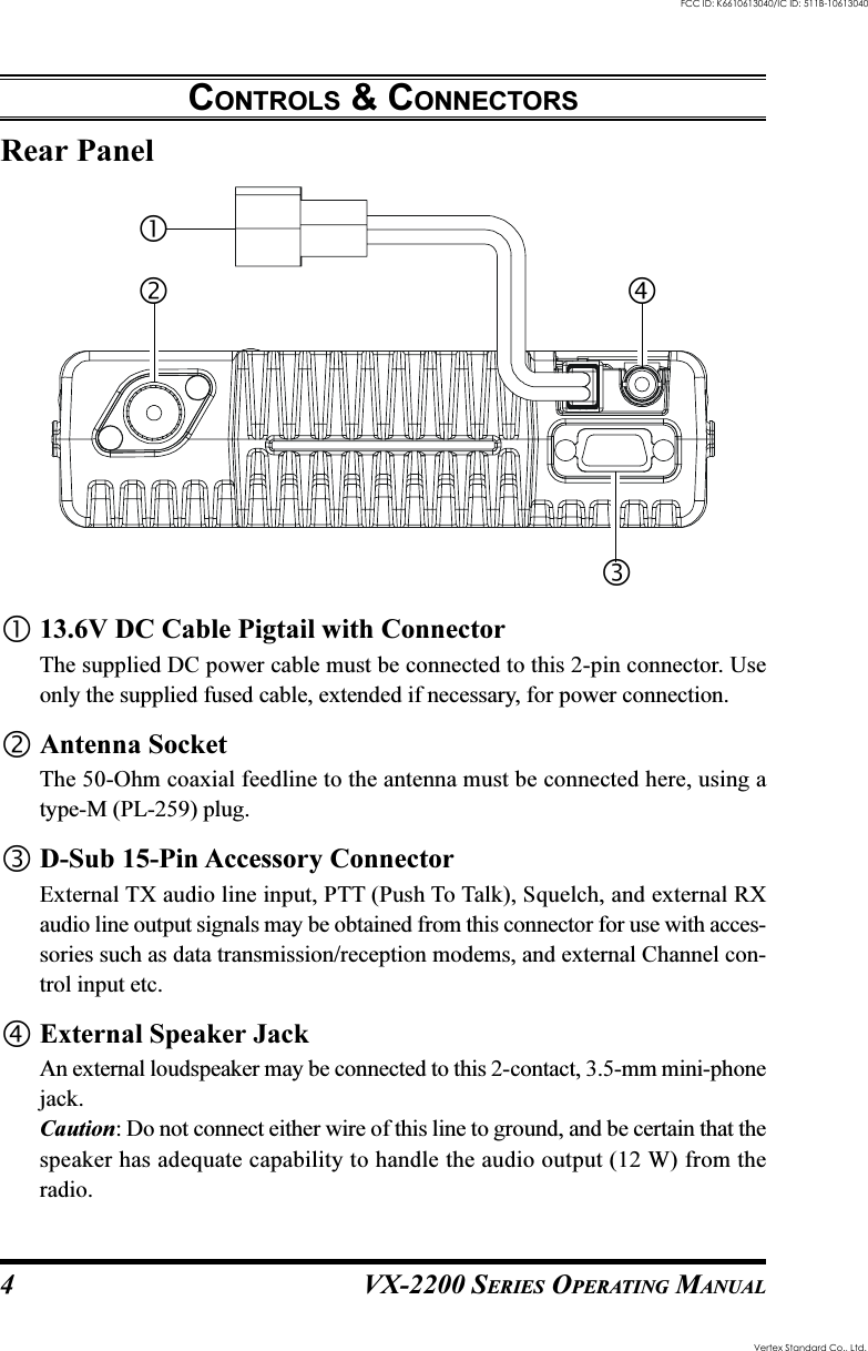 VX-2200 SERIES OPERATING MANUAL4Rear PanelCONTROLS &amp; CONNECTORS13.6V DC Cable Pigtail with ConnectorThe supplied DC power cable must be connected to this 2-pin connector. Useonly the supplied fused cable, extended if necessary, for power connection.Antenna SocketThe 50-Ohm coaxial feedline to the antenna must be connected here, using atype-M (PL-259) plug.D-Sub 15-Pin Accessory ConnectorExternal TX audio line input, PTT (Push To Talk), Squelch, and external RXaudio line output signals may be obtained from this connector for use with acces-sories such as data transmission/reception modems, and external Channel con-trol input etc.External Speaker JackAn external loudspeaker may be connected to this 2-contact, 3.5-mm mini-phonejack.Caution: Do not connect either wire of this line to ground, and be certain that thespeaker has adequate capability to handle the audio output (12 W) from theradio.Vertex Standard Co., Ltd.FCC ID: K6610613040/IC ID: 511B-10613040