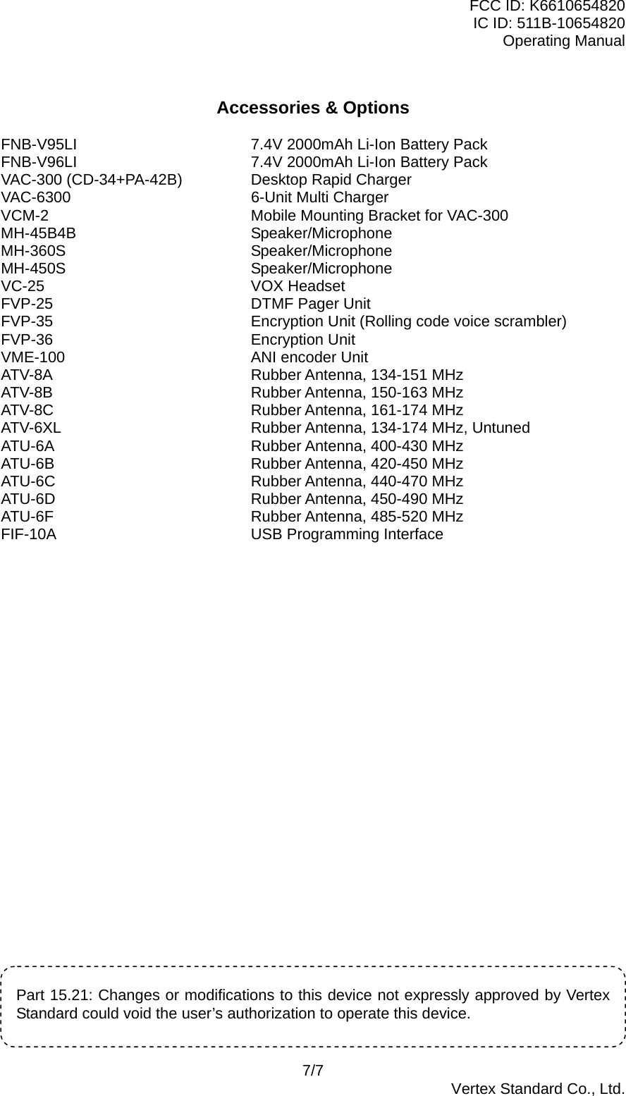 FCC ID: K6610654820 IC ID: 511B-10654820 Operating Manual 7/7  Vertex Standard Co., Ltd.  Accessories &amp; Options  FNB-V95LI                7.4V 2000mAh Li-Ion Battery Pack FNB-V96LI                7.4V 2000mAh Li-Ion Battery Pack VAC-300 (CD-34+PA-42B)   Desktop Rapid Charger  VAC-6300                  6-Unit Multi Charger  VCM-2                    Mobile Mounting Bracket for VAC-300  MH-45B4B                 Speaker/Microphone  MH-360S                 Speaker/Microphone  MH-450S                 Speaker/Microphone  VC-25                     VOX Headset  FVP-25    DTMF Pager Unit FVP-35        Encryption Unit (Rolling code voice scrambler) FVP-36    Encryption Unit VME-100      ANI encoder Unit ATV-8A    Rubber Antenna, 134-151 MHz ATV-8B    Rubber Antenna, 150-163 MHz ATV-8C    Rubber Antenna, 161-174 MHz ATV-6XL       Rubber Antenna, 134-174 MHz, Untuned ATU-6A    Rubber Antenna, 400-430 MHz ATU-6B    Rubber Antenna, 420-450 MHz ATU-6C    Rubber Antenna, 440-470 MHz ATU-6D    Rubber Antenna, 450-490 MHz ATU-6F    Rubber Antenna, 485-520 MHz FIF-10A    USB Programming Interface                          Part 15.21: Changes or modifications to this device not expressly approved by Vertex Standard could void the user’s authorization to operate this device. 