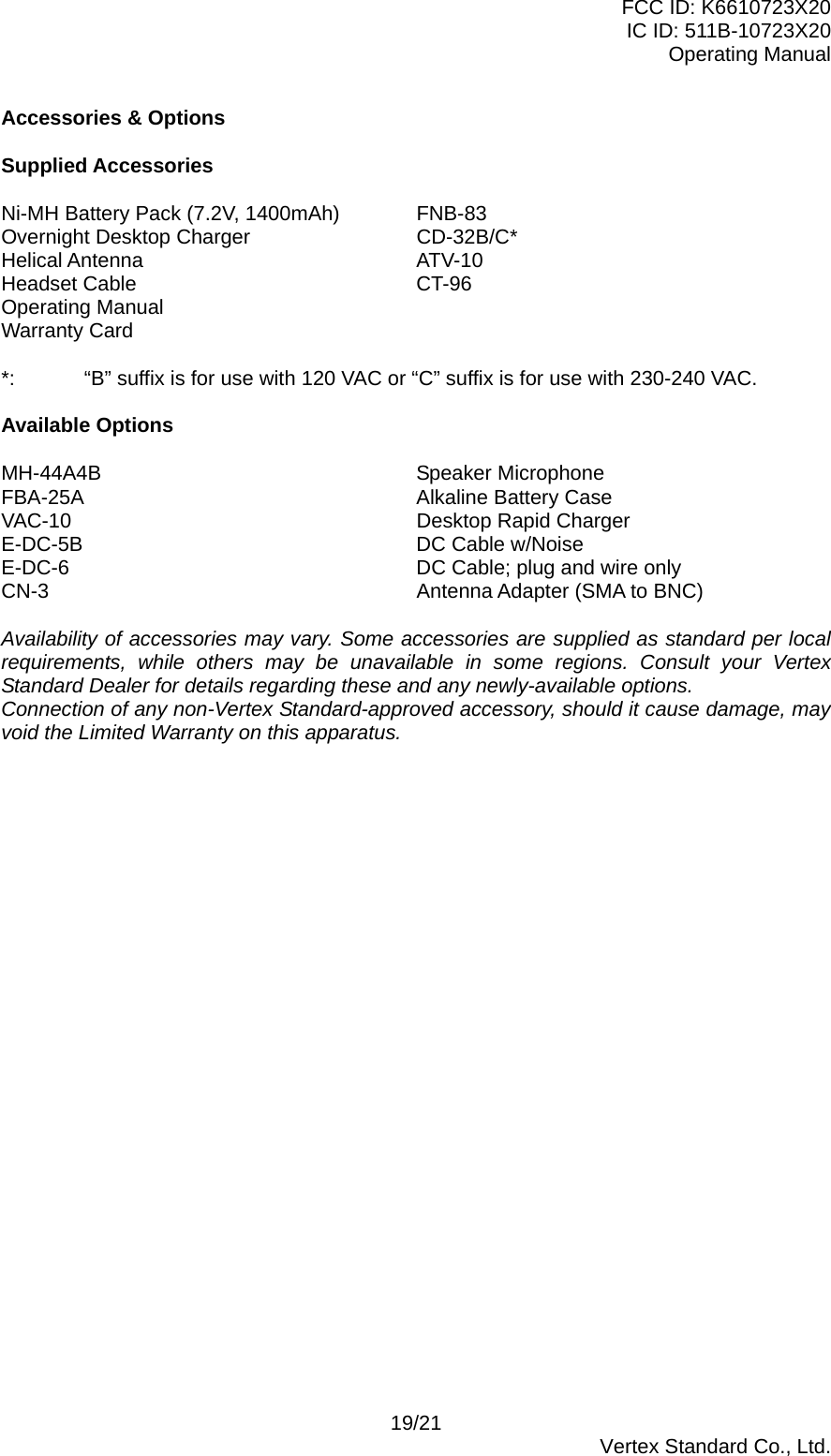 FCC ID: K6610723X20 IC ID: 511B-10723X20 Operating Manual Accessories &amp; Options  Supplied Accessories  Ni-MH Battery Pack (7.2V, 1400mAh)  FNB-83 Overnight Desktop Charger    CD-32B/C* Helical Antenna    ATV-10 Headset Cable    CT-96 Operating Manual Warranty Card  *:  “B” suffix is for use with 120 VAC or “C” suffix is for use with 230-240 VAC.  Available Options  MH-44A4B    Speaker Microphone FBA-25A    Alkaline Battery Case VAC-10              Desktop Rapid Charger E-DC-5B     DC Cable w/Noise  E-DC-6          DC Cable; plug and wire only CN-3     Antenna Adapter (SMA to BNC)  Availability of accessories may vary. Some accessories are supplied as standard per local requirements, while others may be unavailable in some regions. Consult your Vertex Standard Dealer for details regarding these and any newly-available options. Connection of any non-Vertex Standard-approved accessory, should it cause damage, may void the Limited Warranty on this apparatus.  19/21  Vertex Standard Co., Ltd. 