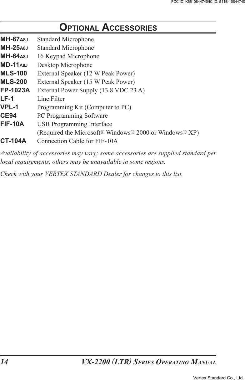 VX-2200 (LTR) SERIES OPERATING MANUAL14OPTIONAL ACCESSORIESMH-67A8J Standard MicrophoneMH-25A8J Standard MicrophoneMH-64A8J 16 Keypad MicrophoneMD-11A8J Desktop MicrophoneMLS-100 External Speaker (12 W Peak Power)MLS-200 External Speaker (15 W Peak Power)FP-1023A External Power Supply (13.8 VDC 23 A)LF-1 Line FilterVPL-1 Programming Kit (Computer to PC)CE94 PC Programming SoftwareFIF-10A USB Programming Interface(Required the Microsoft® Windows® 2000 or Windows® XP)CT-104A Connection Cable for FIF-10AAvailability of accessories may vary; some accessories are supplied standard perlocal requirements, others may be unavailable in some regions.Check with your VERTEX STANDARD Dealer for changes to this list.Vertex Standard Co., Ltd.FCC ID: K6610844740/IC ID: 511B-10844740