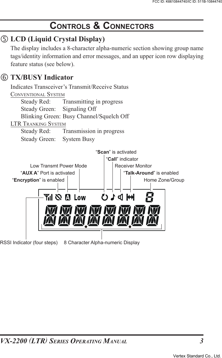 VX-2200 (LTR) SERIES OPERATING MANUAL 3gLCD (Liquid Crystal Display)The display includes a 8-character alpha-numeric section showing group nametags/identity information and error messages, and an upper icon row displayingfeature status (see below).hTX/BUSY IndicatorIndicates Transceiver’s Transmit/Receive StatusCONVENTIONAL SYSTEMSteady Red: Transmitting in progressSteady Green: Signaling OffBlinking Green: Busy Channel/Squelch OffLTR TRANKING SYSTEMSteady Red: Transmission in progressSteady Green: System BusyCONTROLS &amp; CONNECTORS“Call” indicatorLow Transmt Power Mode“Scan” is activated“Talk-Around” is enabledReceiver Monitor“AUX A” Port is activated8 Character Alpha-numeric Display“Encryption” is enabled Home Zone/GroupRSSI Indicator (four steps)Vertex Standard Co., Ltd.FCC ID: K6610844740/IC ID: 511B-10844740