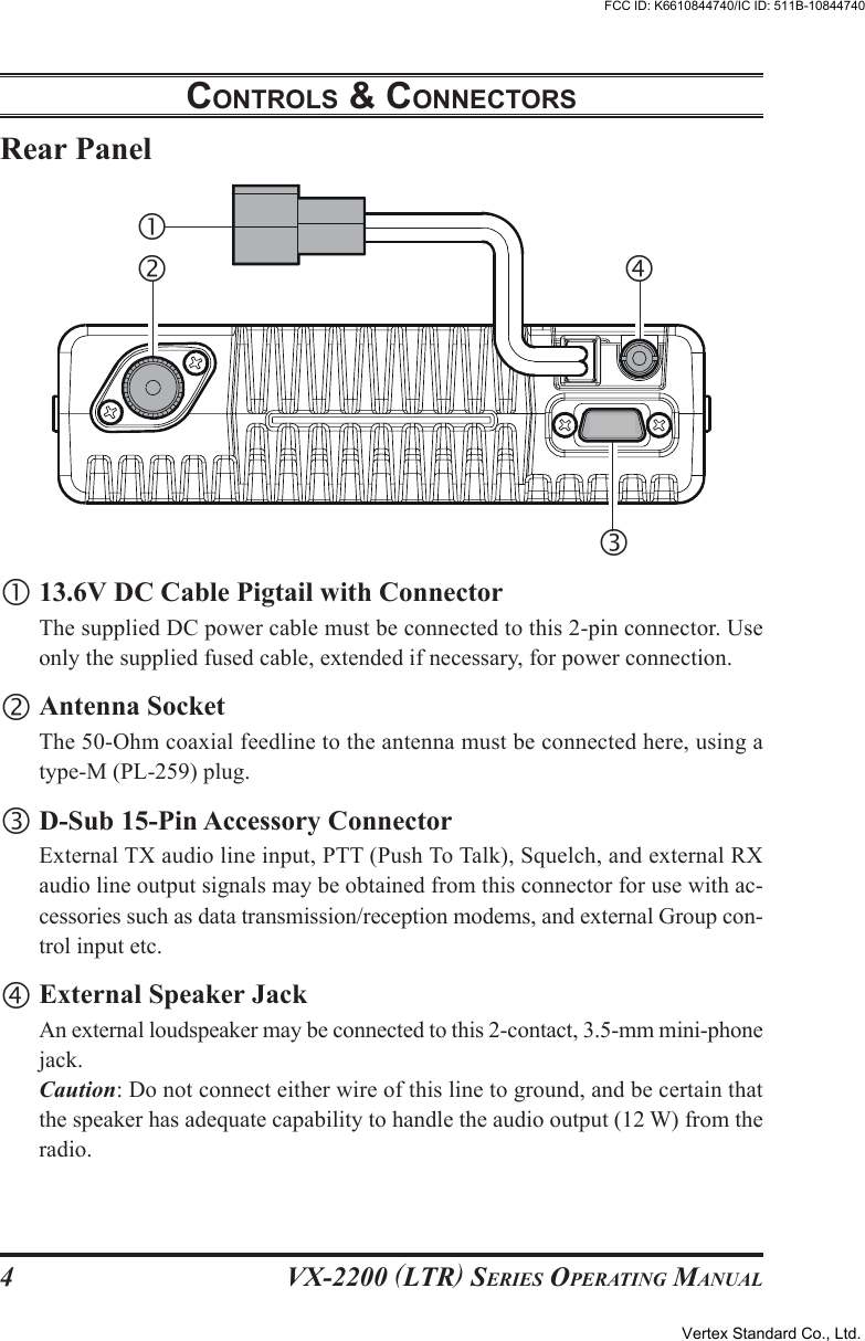 VX-2200 (LTR) SERIES OPERATING MANUAL4Rear PanelCONTROLS &amp; CONNECTORSc13.6V DC Cable Pigtail with ConnectorThe supplied DC power cable must be connected to this 2-pin connector. Useonly the supplied fused cable, extended if necessary, for power connection.dAntenna SocketThe 50-Ohm coaxial feedline to the antenna must be connected here, using atype-M (PL-259) plug.eD-Sub 15-Pin Accessory ConnectorExternal TX audio line input, PTT (Push To Talk), Squelch, and external RXaudio line output signals may be obtained from this connector for use with ac-cessories such as data transmission/reception modems, and external Group con-trol input etc.fExternal Speaker JackAn external loudspeaker may be connected to this 2-contact, 3.5-mm mini-phonejack.Caution: Do not connect either wire of this line to ground, and be certain thatthe speaker has adequate capability to handle the audio output (12 W) from theradio.fcdeVertex Standard Co., Ltd.FCC ID: K6610844740/IC ID: 511B-10844740