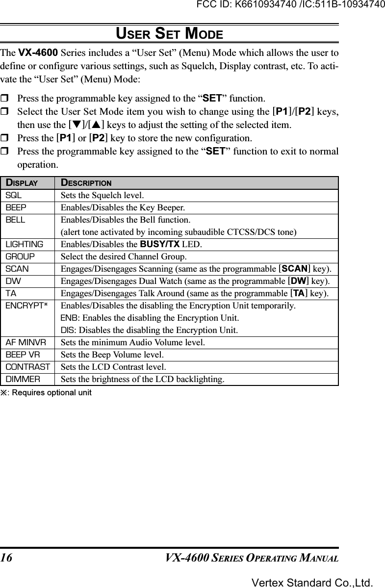 VX-4600 SERIES OPERATING MANUAL16DISPLAY DESCRIPTIONSQL Sets the Squelch level.BEEP Enables/Disables the Key Beeper.BELL Enables/Disables the Bell function.(alert tone activated by incoming subaudible CTCSS/DCS tone)LIGHTING Enables/Disables the BUSY/TX LED.GROUP Select the desired Channel Group.SCAN Engages/Disengages Scanning (same as the programmable [SCAN] key).DW Engages/Disengages Dual Watch (same as the programmable [DW] key).TA Engages/Disengages Talk Around (same as the programmable [TA ] key).ENCRYPTEnables/Disables the disabling the Encryption Unit temporarily.ENB: Enables the disabling the Encryption Unit.DIS: Disables the disabling the Encryption Unit.AF MINVR Sets the minimum Audio Volume level.BEEP VR Sets the Beep Volume level.CONTRAST Sets the LCD Contrast level.DIMMER Sets the brightness of the LCD backlighting.USER SET MODEThe VX-4600 Series includes a “User Set” (Menu) Mode which allows the user todefine or configure various settings, such as Squelch, Display contrast, etc. To acti-vate the “User Set” (Menu) Mode:Press the programmable key assigned to the “SET” function.Select the User Set Mode item you wish to change using the [P1]/[P2] keys,then use the []/[] keys to adjust the setting of the selected item.Press the [P1] or [P2] key to store the new configuration.Press the programmable key assigned to the “SET” function to exit to normaloperation.: Requires optional unitFCC ID: K6610934740 /IC:511B-10934740Vertex Standard Co.,Ltd.