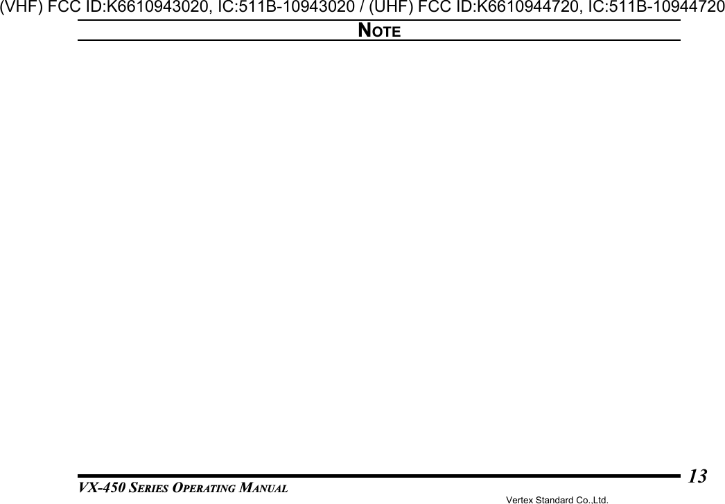 VX-450 SERIES OPERATING MANUAL13NOTEVertex Standard Co.,Ltd.(VHF) FCC ID:K6610943020, IC:511B-10943020 / (UHF) FCC ID:K6610944720, IC:511B-10944720