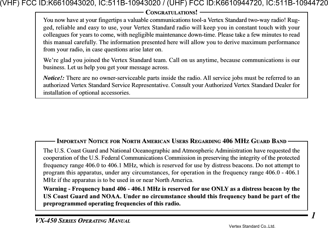 VX-450 SERIES OPERATING MANUAL1IMPORTANT NOTICE FOR NORTH AMERICAN USERS REGARDING 406 MHZ GUARD BANDThe U.S. Coast Guard and National Oceanographic and Atmospheric Administration have requested thecooperation of the U.S. Federal Communications Commission in preserving the integrity of the protectedfrequency range 406.0 to 406.1 MHz, which is reserved for use by distress beacons. Do not attempt toprogram this apparatus, under any circumstances, for operation in the frequency range 406.0 - 406.1MHz if the apparatus is to be used in or near North America.Warning - Frequency band 406 - 406.1 MHz is reserved for use ONLY as a distress beacon by theUS Coast Guard and NOAA. Under no circumstance should this frequency band be part of thepreprogrammed operating frequencies of this radio.CONGRATULATIONS!You now have at your fingertips a valuable communications tool-a Vertex Standard two-way radio! Rug-ged, reliable and easy to use, your Vertex Standard radio will keep you in constant touch with yourcolleagues for years to come, with negligible maintenance down-time. Please take a few minutes to readthis manual carefully. The information presented here will allow you to derive maximum performancefrom your radio, in case questions arise later on.We’re glad you joined the Vertex Standard team. Call on us anytime, because communications is ourbusiness. Let us help you get your message across.Notice!: There are no owner-serviceable parts inside the radio. All service jobs must be referred to anauthorized Vertex Standard Service Representative. Consult your Authorized Vertex Standard Dealer forinstallation of optional accessories.Vertex Standard Co.,Ltd.(VHF) FCC ID:K6610943020, IC:511B-10943020 / (UHF) FCC ID:K6610944720, IC:511B-10944720