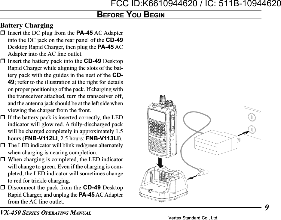 VX-450 SERIES OPERATING MANUAL9BEFORE YOU BEGINBattery ChargingInsert the DC plug from the PA-45 AC Adapterinto the DC jack on the rear panel of the CD-49Desktop Rapid Charger, then plug the PA-45 ACAdapter into the AC line outlet.Insert the battery pack into the CD-49 DesktopRapid Charger while aligning the slots of the bat-tery pack with the guides in the nest of the CD-49; refer to the illustration at the right for detailson proper positioning of the pack. If charging withthe transceiver attached, turn the transceiver off,and the antenna jack should be at the left side whenviewing the charger from the front.If the battery pack is inserted correctly, the LEDindicator will glow red. A fully-discharged packwill be charged completely in approximately 1.5hours (FNB-V112LI, 2.5 hours: FNB-V113LI).The LED indicator will blink red/green alternatelywhen charging is nearing completion.When charging is completed, the LED indicatorwill change to green. Even if the charging is com-pleted, the LED indicator will sometimes changeto red for trickle charging.Disconnect the pack from the CD-49 DesktopRapid Charger, and unplug the PA-45 AC Adapterfrom the AC line outlet.Vertex Standard Co., Ltd.FCC ID:K6610944620 / IC: 511B-10944620Vertex Standard Co., Ltd.