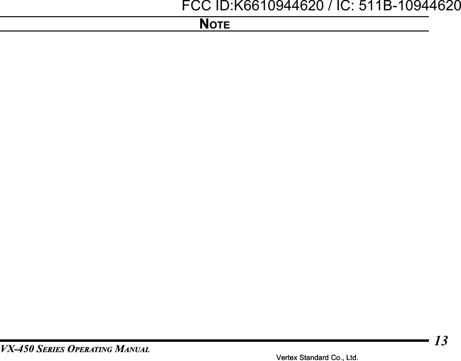 VX-450 SERIES OPERATING MANUAL13NOTEVertex Standard Co., Ltd.FCC ID:K6610944620 / IC: 511B-10944620Vertex Standard Co., Ltd.