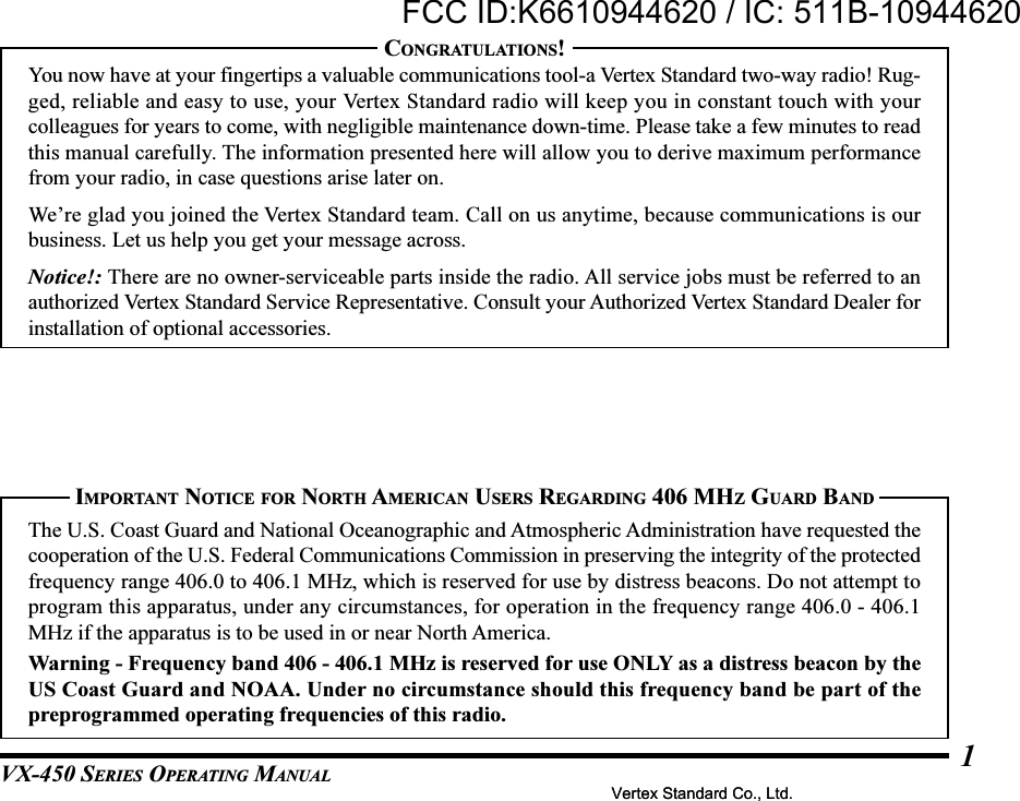 VX-450 SERIES OPERATING MANUAL1IMPORTANT NOTICE FOR NORTH AMERICAN USERS REGARDING 406 MHZ GUARD BANDThe U.S. Coast Guard and National Oceanographic and Atmospheric Administration have requested thecooperation of the U.S. Federal Communications Commission in preserving the integrity of the protectedfrequency range 406.0 to 406.1 MHz, which is reserved for use by distress beacons. Do not attempt toprogram this apparatus, under any circumstances, for operation in the frequency range 406.0 - 406.1MHz if the apparatus is to be used in or near North America.Warning - Frequency band 406 - 406.1 MHz is reserved for use ONLY as a distress beacon by theUS Coast Guard and NOAA. Under no circumstance should this frequency band be part of thepreprogrammed operating frequencies of this radio.CONGRATULATIONS!You now have at your fingertips a valuable communications tool-a Vertex Standard two-way radio! Rug-ged, reliable and easy to use, your Vertex Standard radio will keep you in constant touch with yourcolleagues for years to come, with negligible maintenance down-time. Please take a few minutes to readthis manual carefully. The information presented here will allow you to derive maximum performancefrom your radio, in case questions arise later on.We’re glad you joined the Vertex Standard team. Call on us anytime, because communications is ourbusiness. Let us help you get your message across.Notice!: There are no owner-serviceable parts inside the radio. All service jobs must be referred to anauthorized Vertex Standard Service Representative. Consult your Authorized Vertex Standard Dealer forinstallation of optional accessories.Vertex Standard Co., Ltd.FCC ID:K6610944620 / IC: 511B-10944620Vertex Standard Co., Ltd.